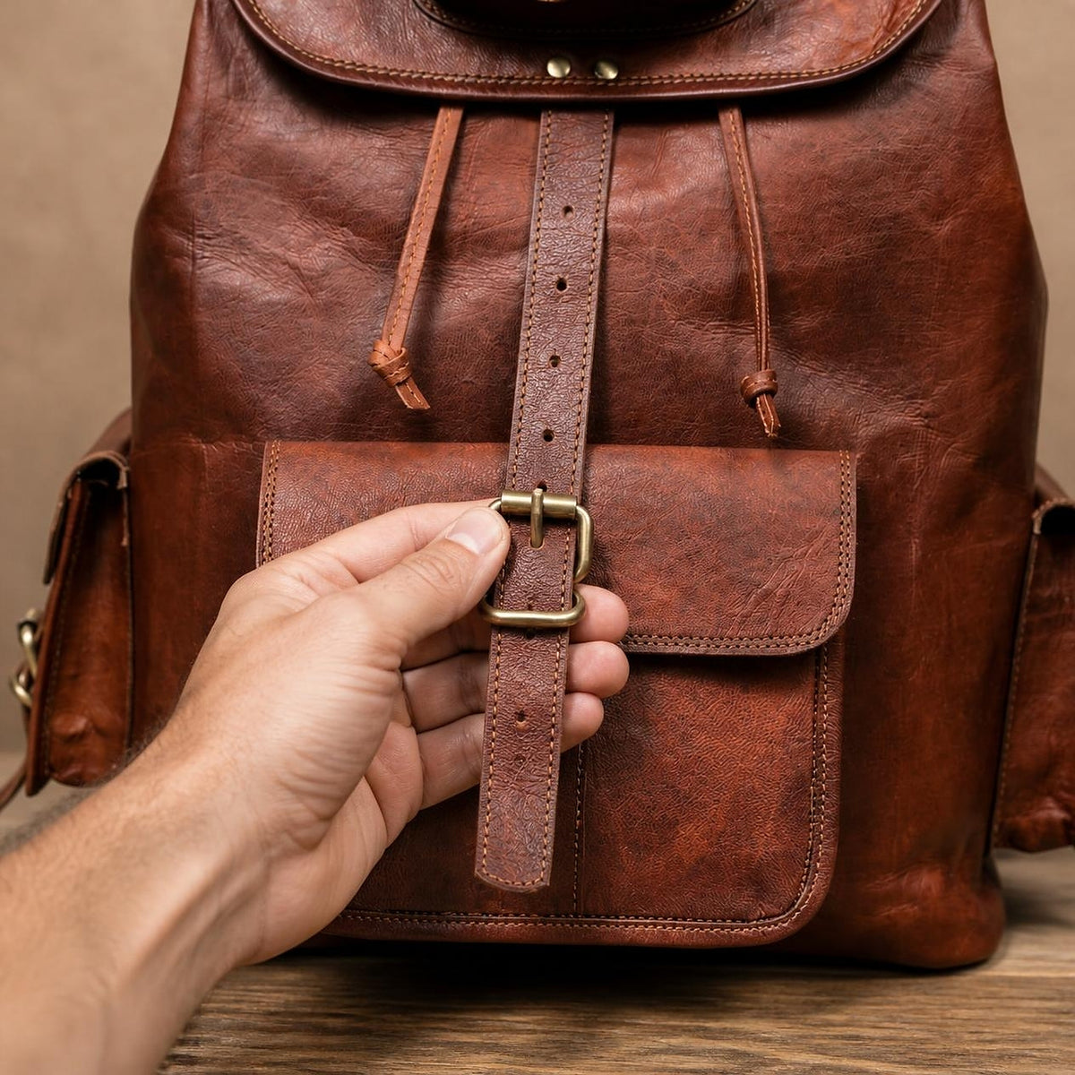 Close-up of the antique brass roller buckle on the rucksack's front pocket