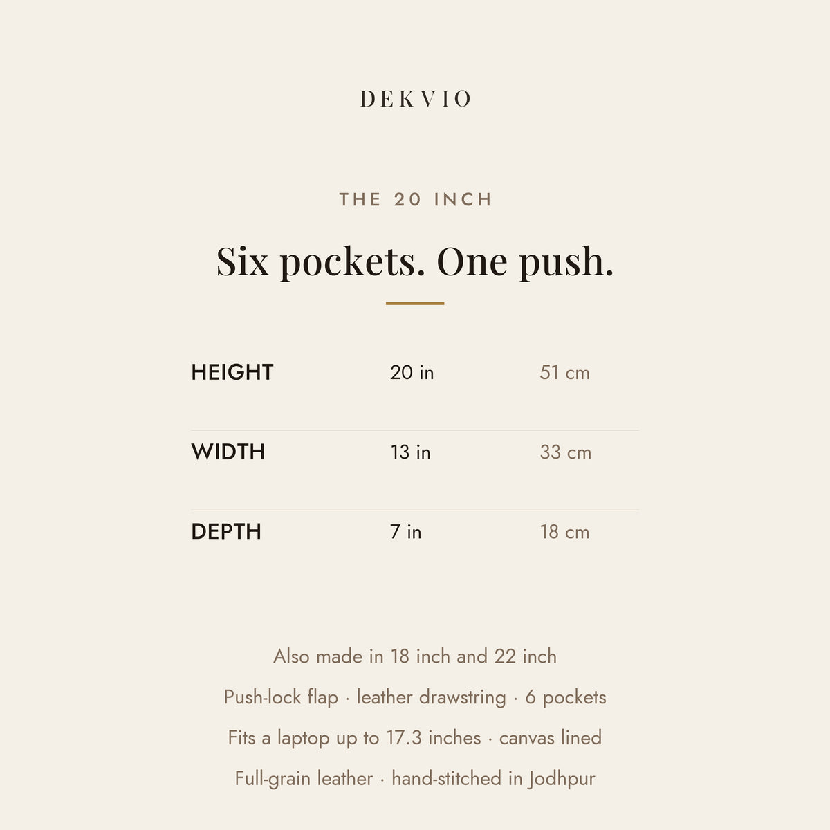 DEKVIO size card: 20 x 13 x 7 inches, six pockets, push-lock flap