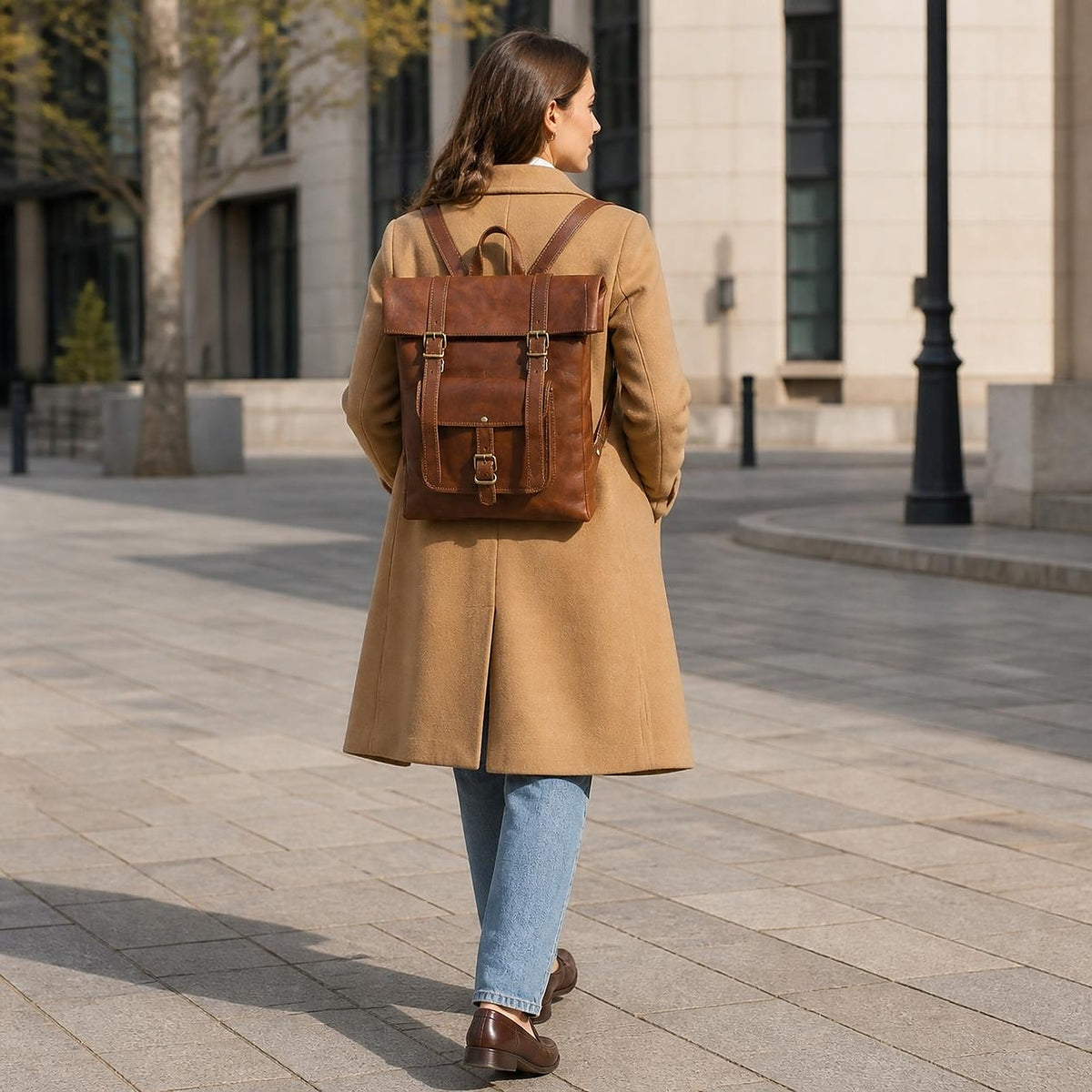 Woman wearing the DEKVIO brown leather roll-top backpack across a city square