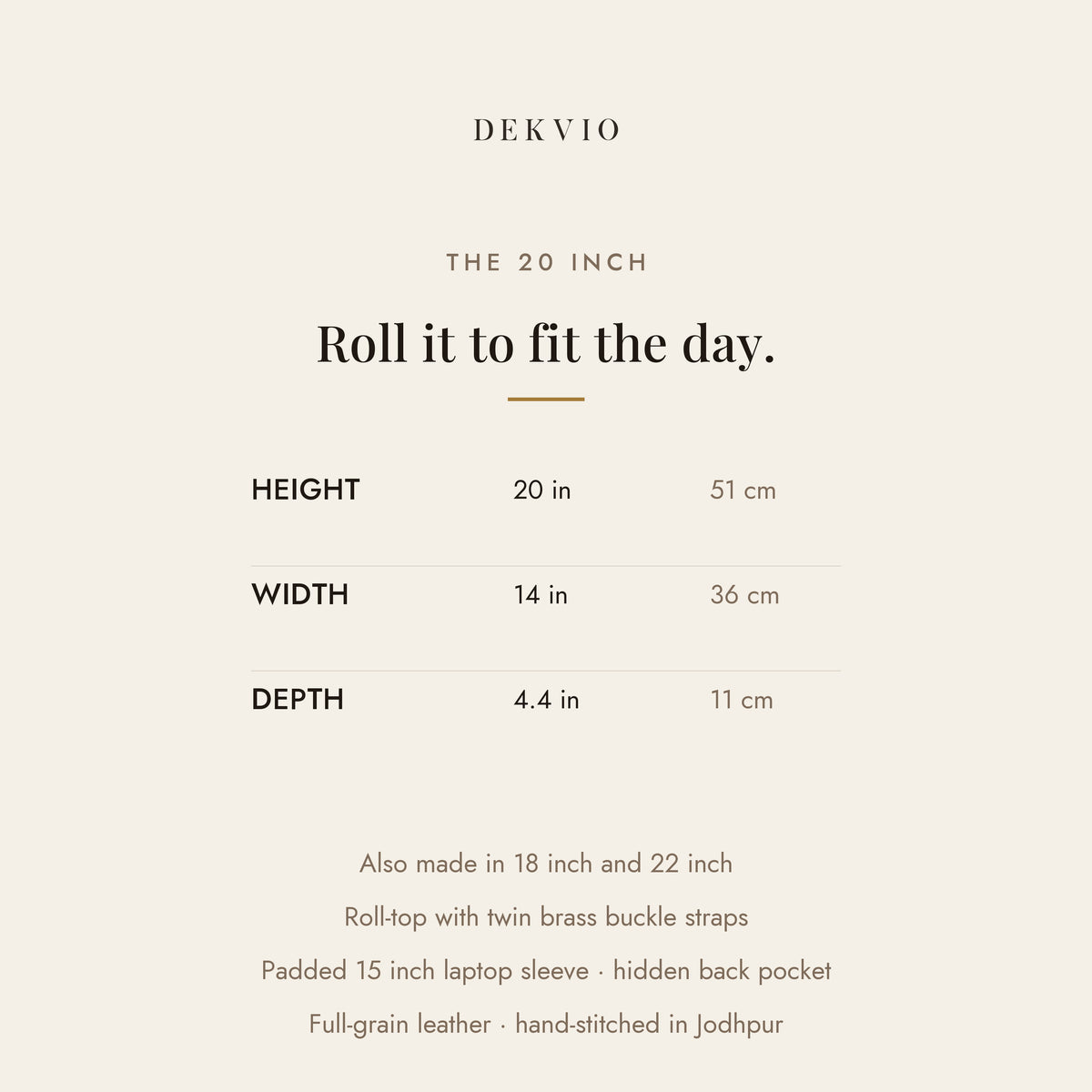 DEKVIO size card: 20 x 14 x 4.4 inches, roll-top with twin brass buckles