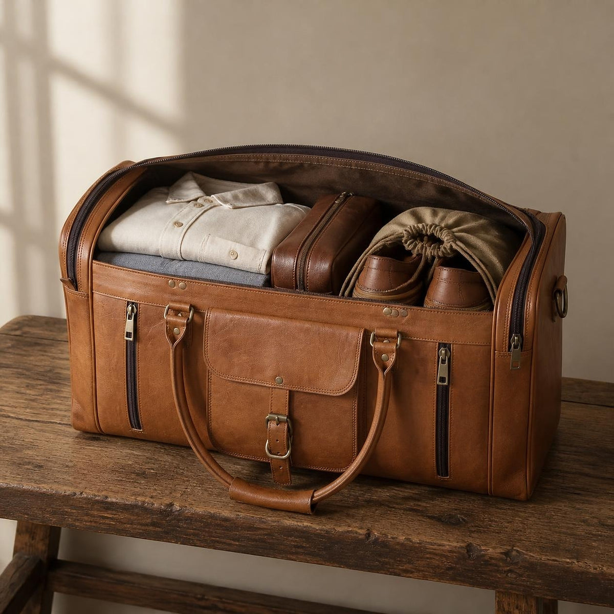The square holdall standing open and packed for a trip