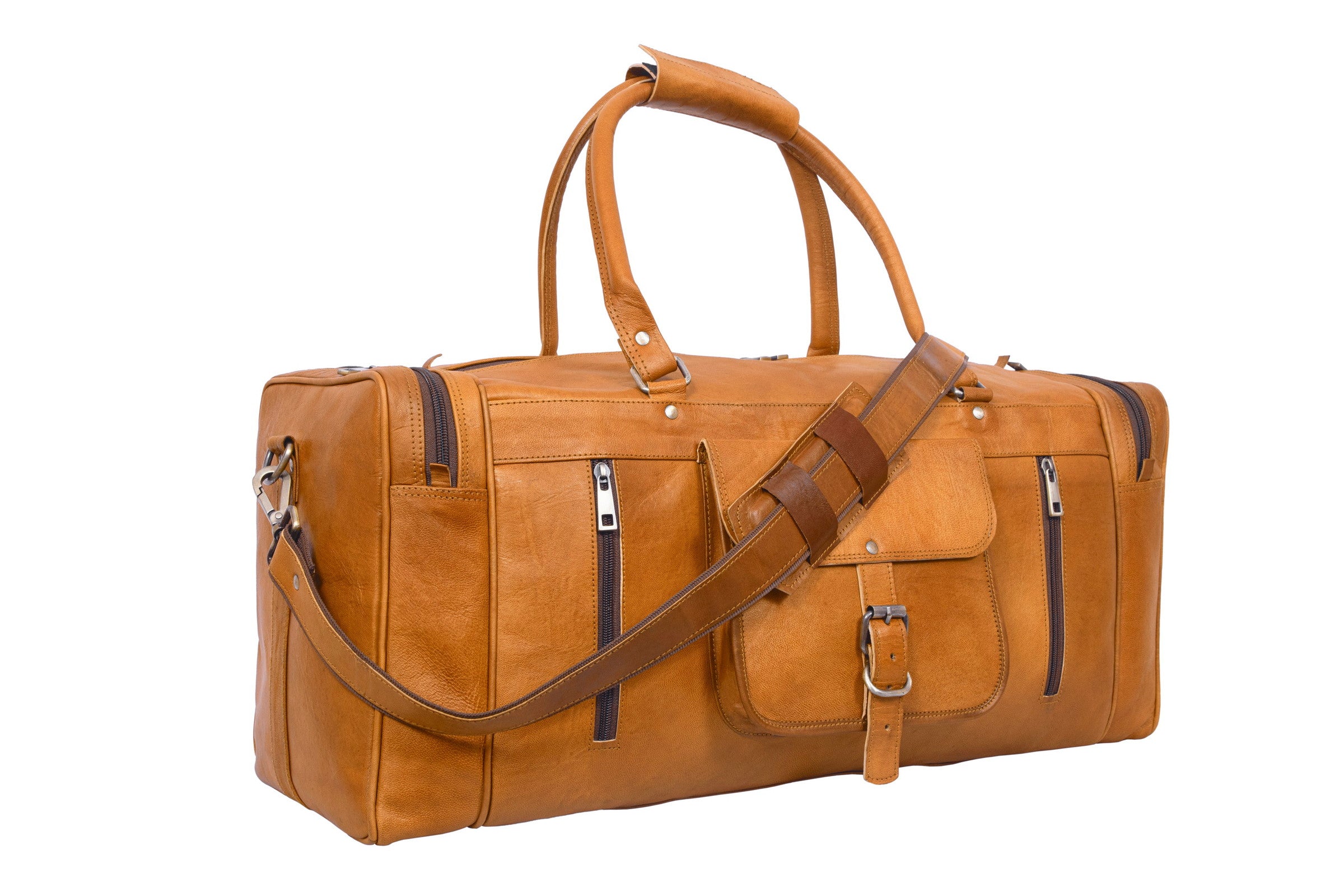 DEKVIO 24 inch square holdall leather duffle bag in Tan