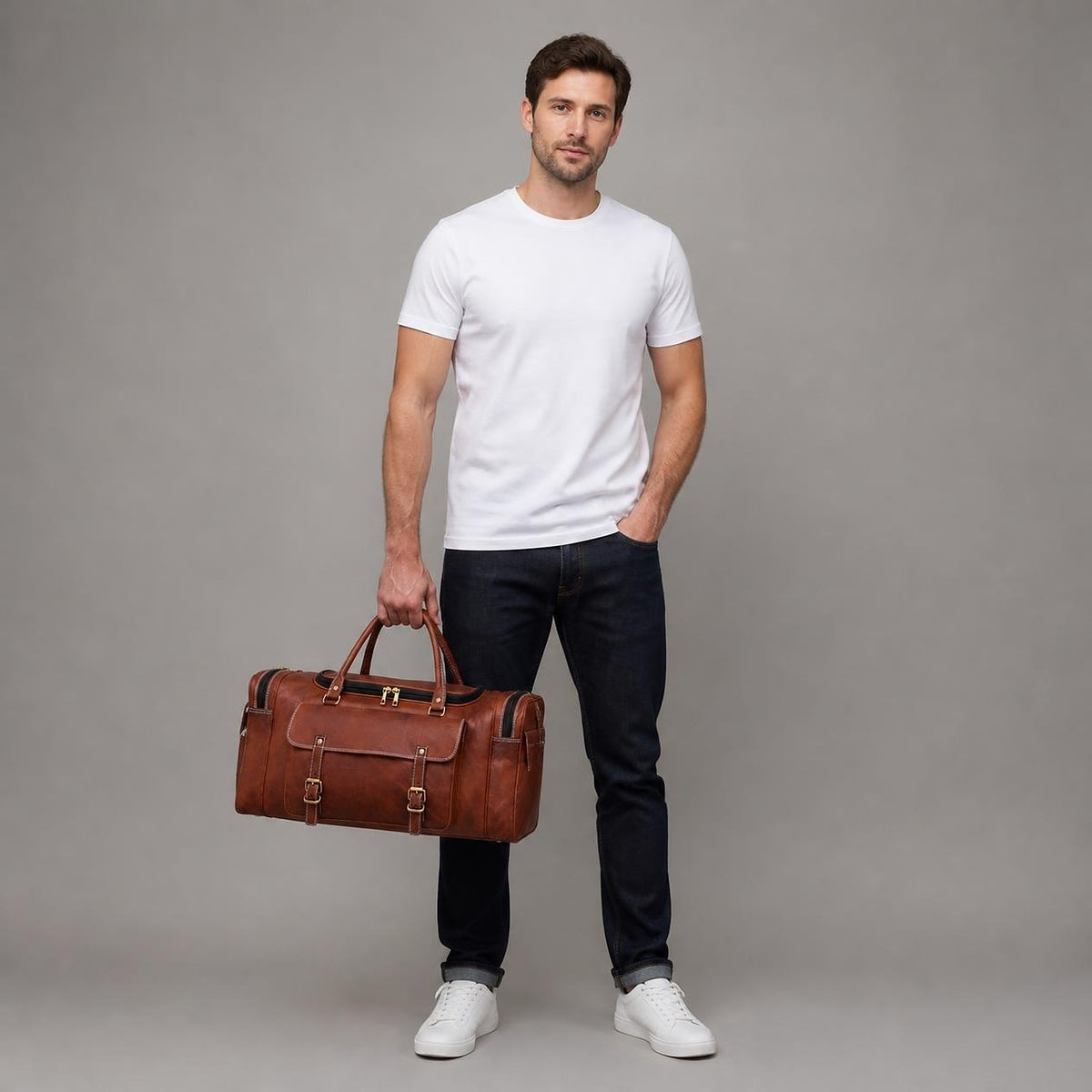 Full-length studio shot showing the travel holdall at its true 24-inch size