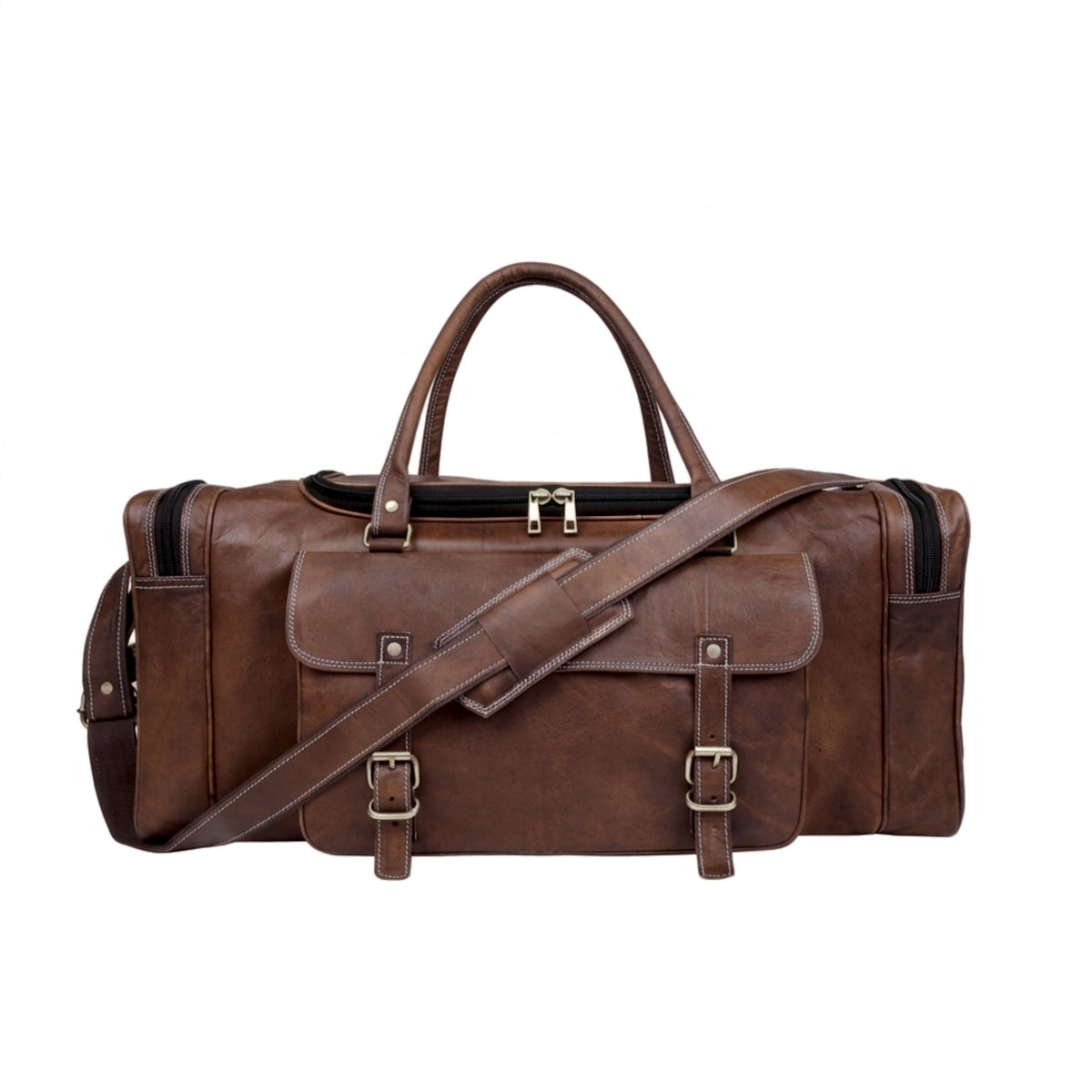 DEKVIO 24 inch travel holdall leather duffle bag in Coffee dark brown