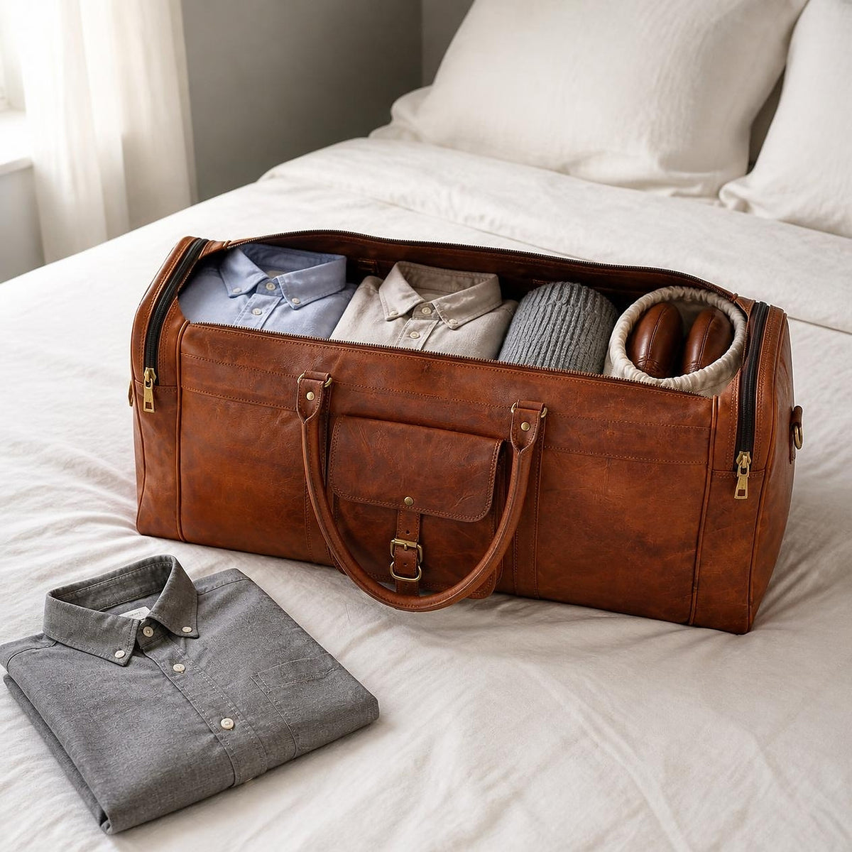 The duffle open on a bed, packed with folded clothes for a weekend