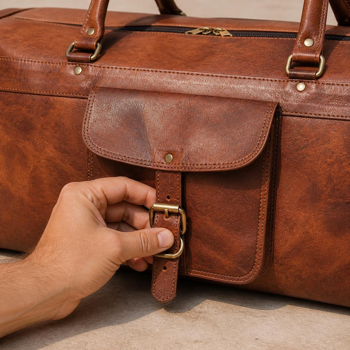 Close-up of the antique brass roller buckle on the duffle's front pocket