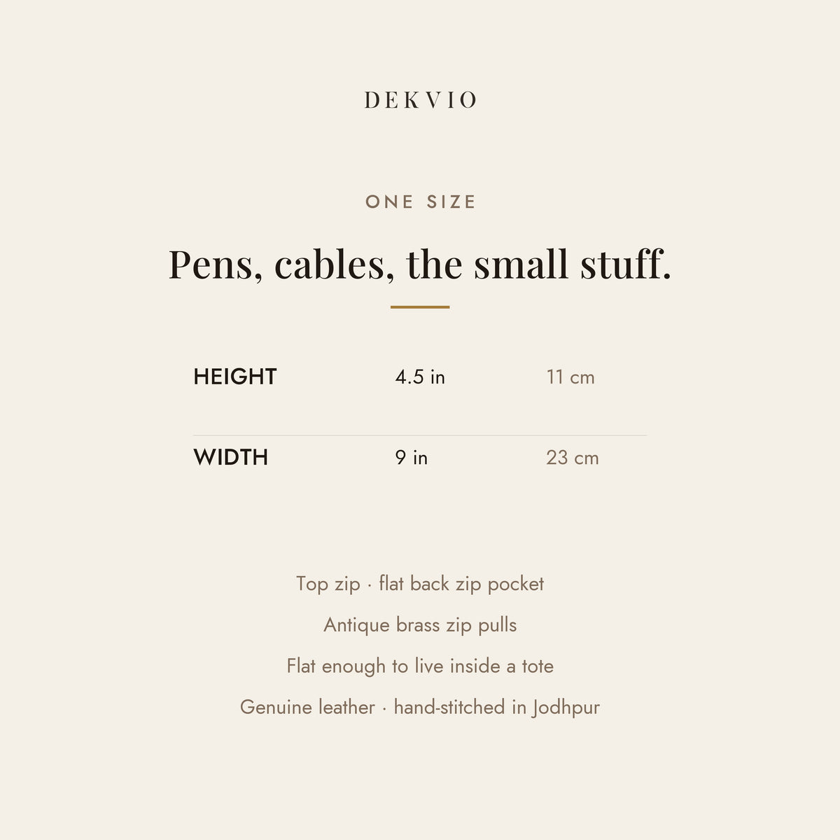 DEKVIO size guide: 9 inches wide by 4.5 inches tall, leather pencil case and zip pouch