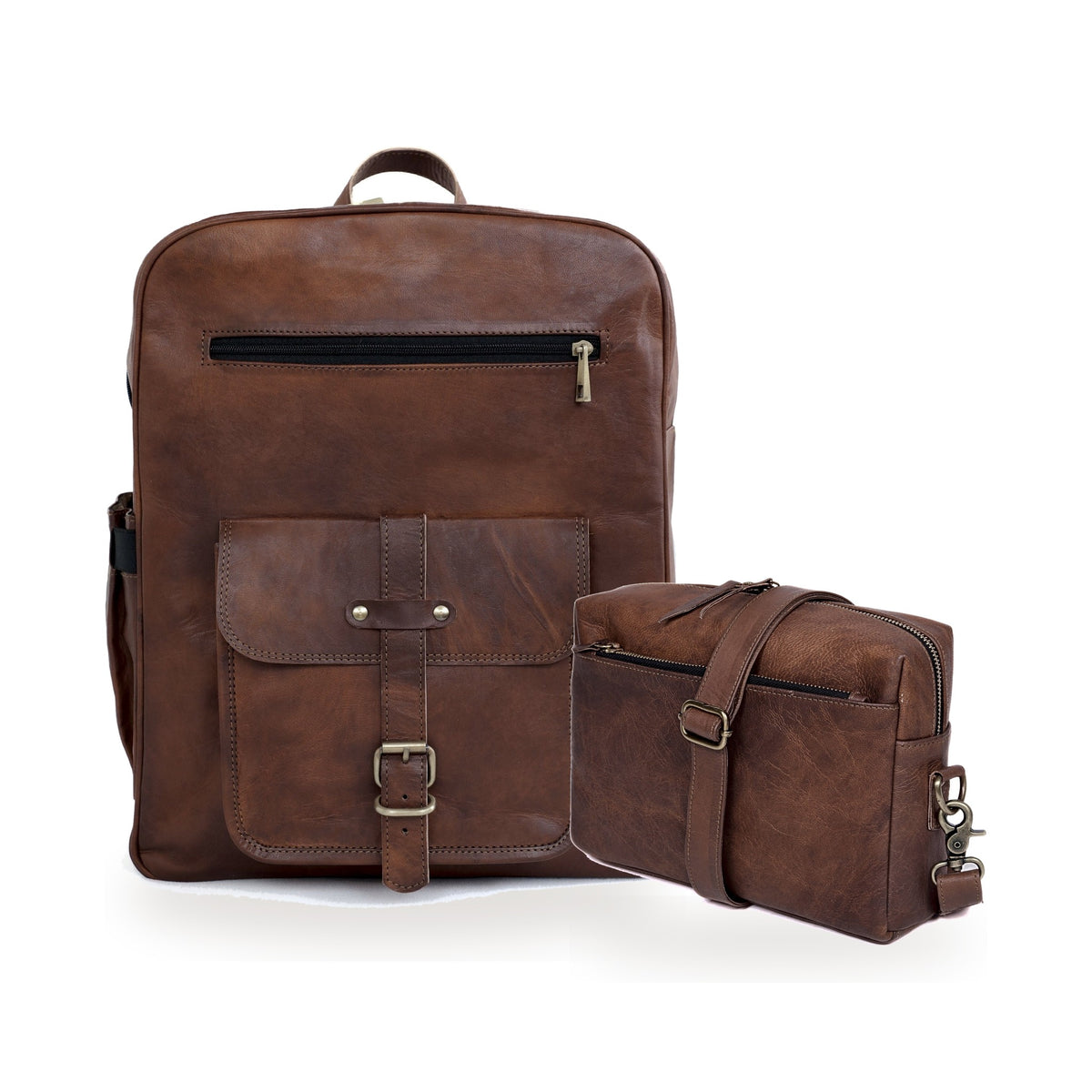 DEKVIO His & Hers Backpack Set in Coffee – 18" Leather Laptop Backpack with matching leather crossbody purse