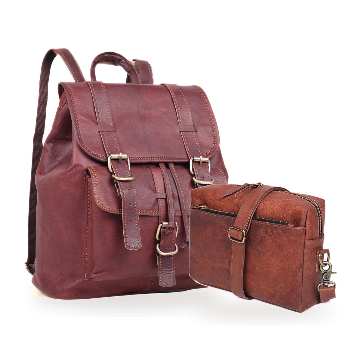 DEKVIO His & Hers Backpack Set in Brown – 17" Explorer Leather Backpack with matching 10" leather crossbody purse