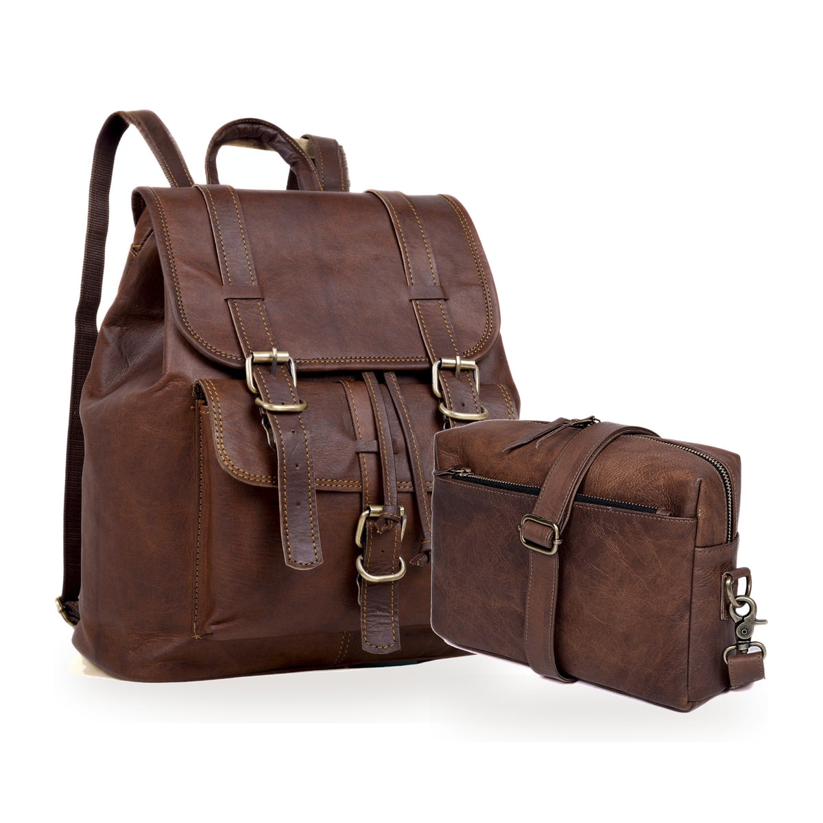 DEKVIO His & Hers Backpack Set in Coffee – 17" Explorer Leather Backpack with matching leather crossbody purse