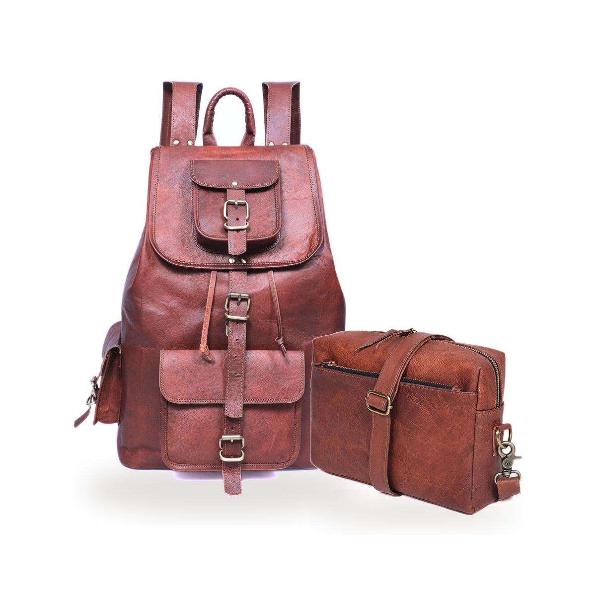 DEKVIO His & Hers Backpack Set in Brown – 20" Leather Laptop Rucksack with matching 10" leather crossbody purse