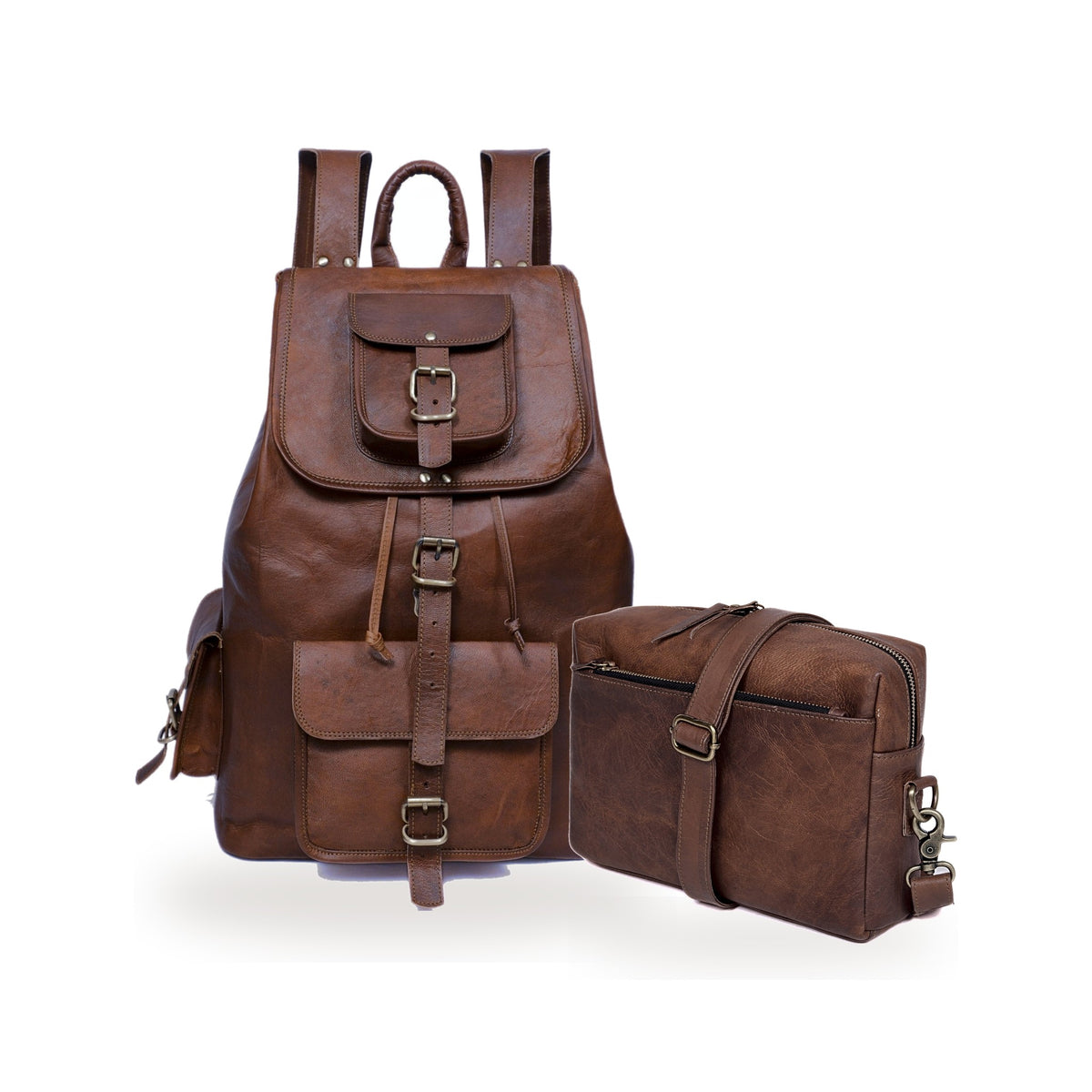 DEKVIO His & Hers Backpack Set in Coffee – 20" Leather Laptop Rucksack with matching leather crossbody purse