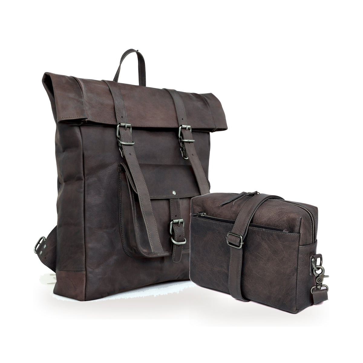 DEKVIO His & Hers Backpack Set in Black – 20" Roll-Top Leather Backpack with matching leather crossbody purse