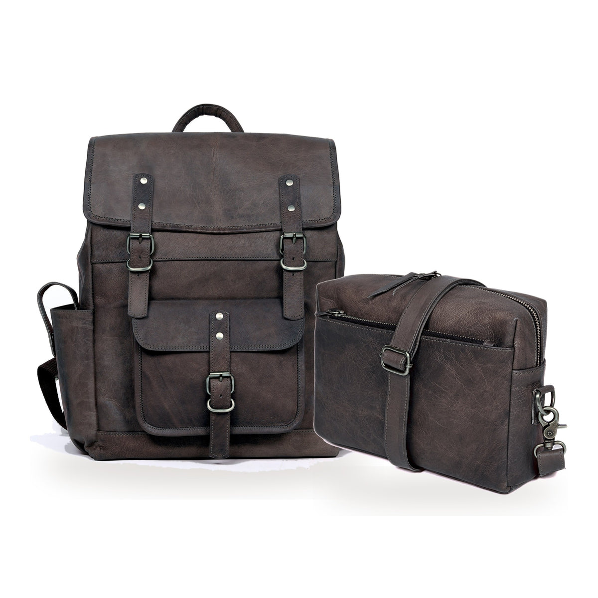 DEKVIO His & Hers Backpack Set in Black – 17" Utility Leather Laptop Backpack with matching leather crossbody purse