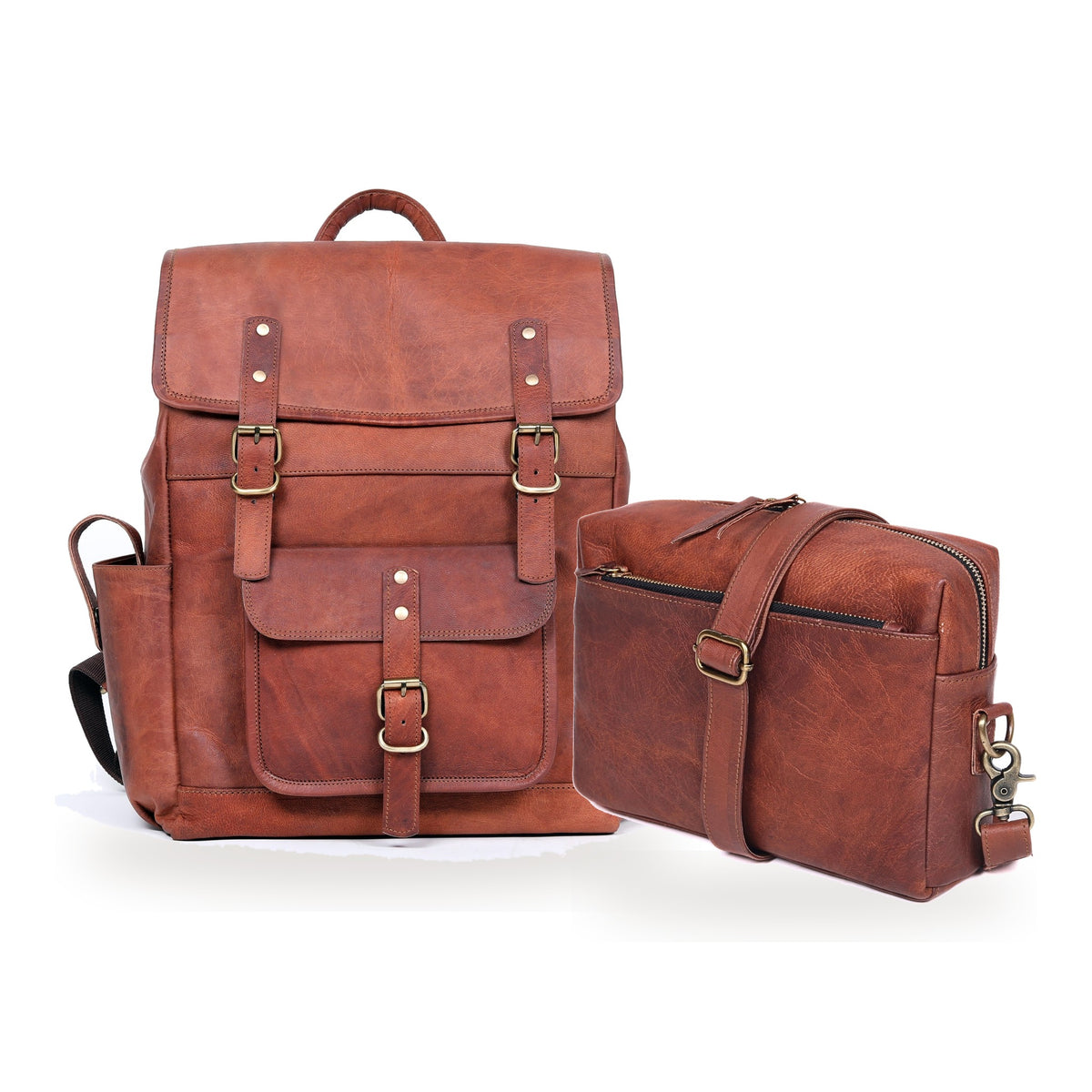 DEKVIO His & Hers Backpack Set in Brown – 17" Utility Leather Laptop Backpack with matching 10" leather crossbody purse