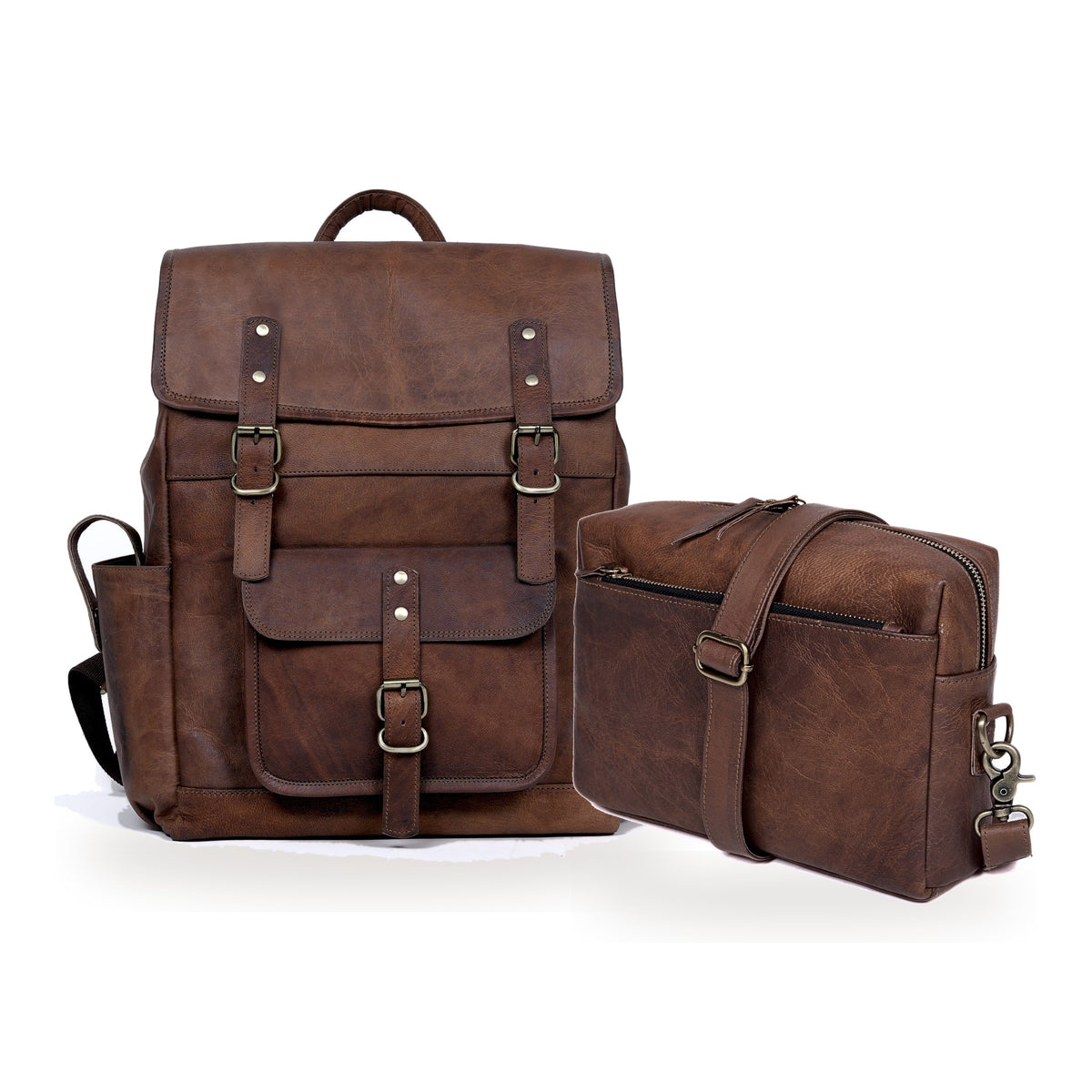 DEKVIO His & Hers Backpack Set in Coffee – 17" Utility Leather Laptop Backpack with matching leather crossbody purse