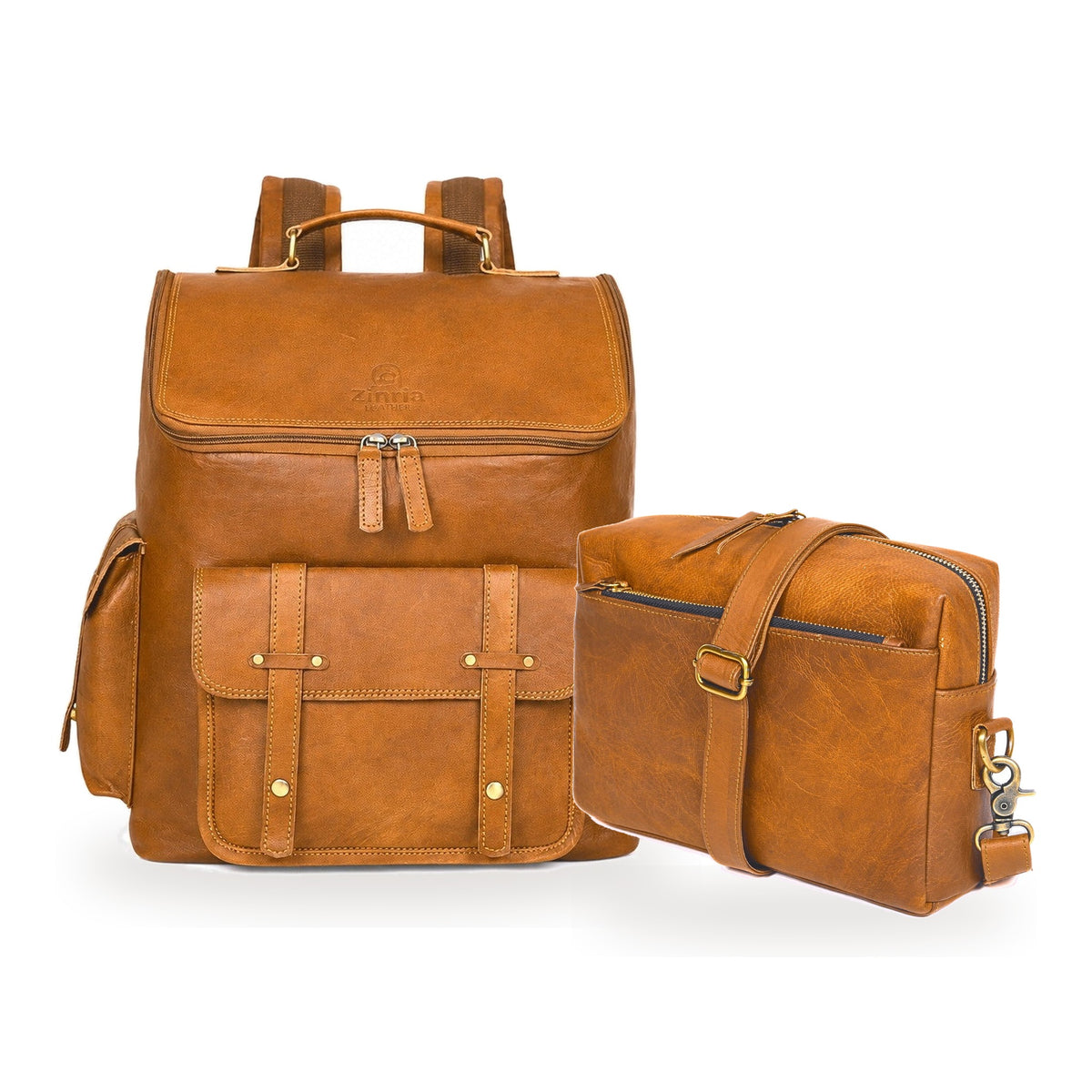 DEKVIO His & Hers Backpack Set in Tan – 17" Vintage Leather Rucksack with matching leather crossbody purse