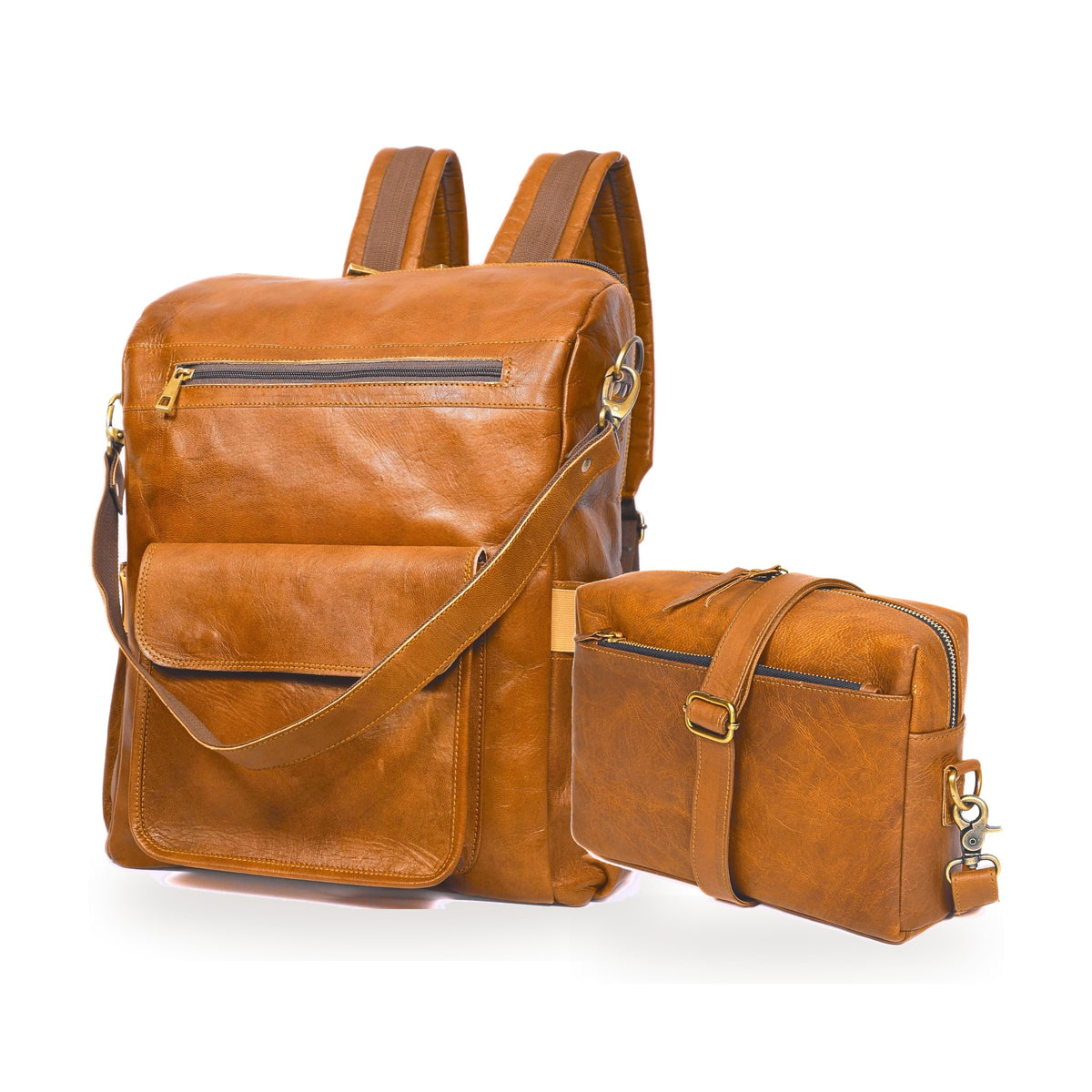 DEKVIO His & Hers Backpack Set in Tan – 16" 3-Way Leather Backpack with matching leather crossbody purse