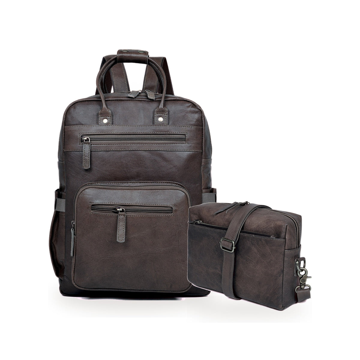 DEKVIO His & Hers Backpack Set in Black – 16" Leather Laptop Backpack with matching leather crossbody purse