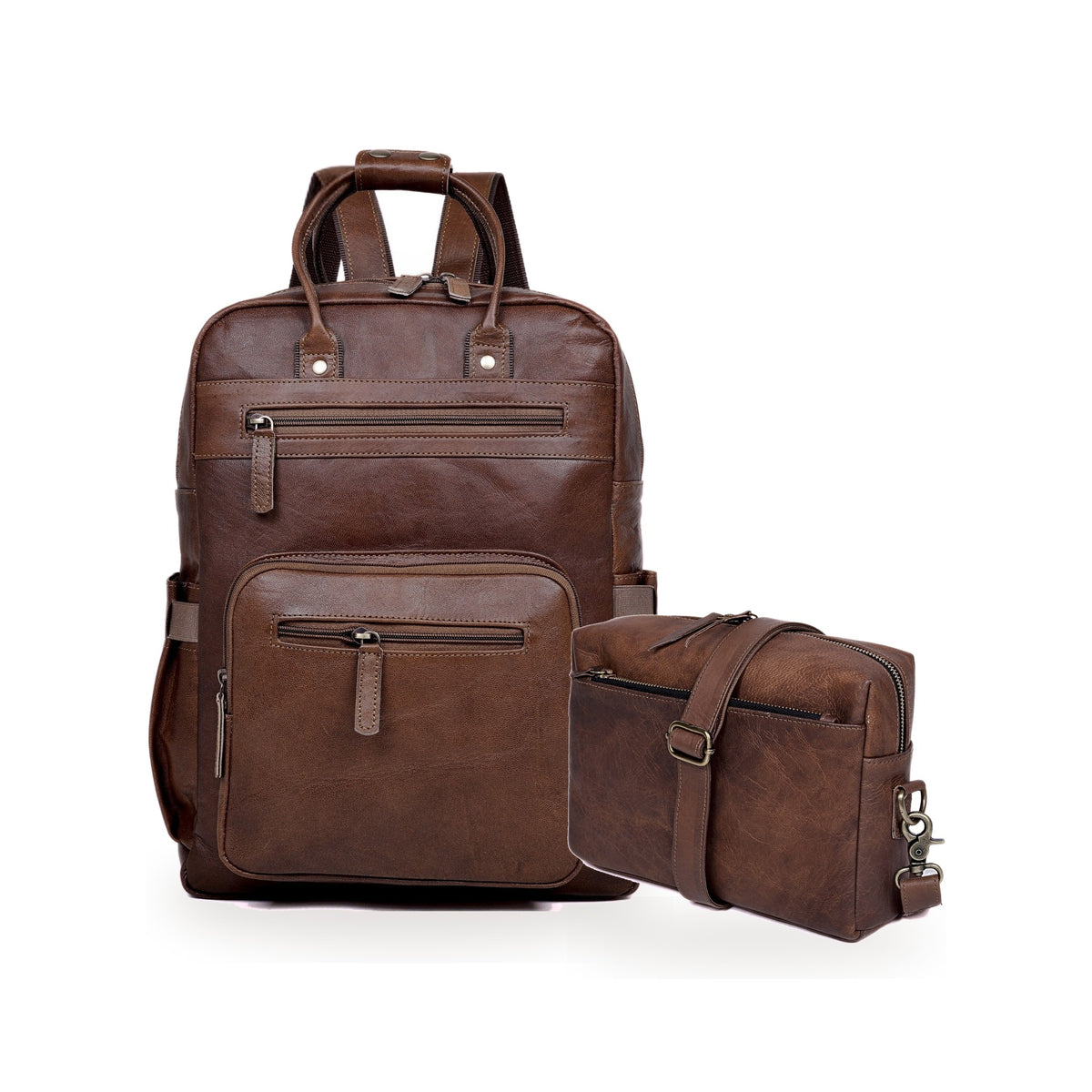 DEKVIO His & Hers Backpack Set in Coffee – 16" Leather Laptop Backpack with matching leather crossbody purse