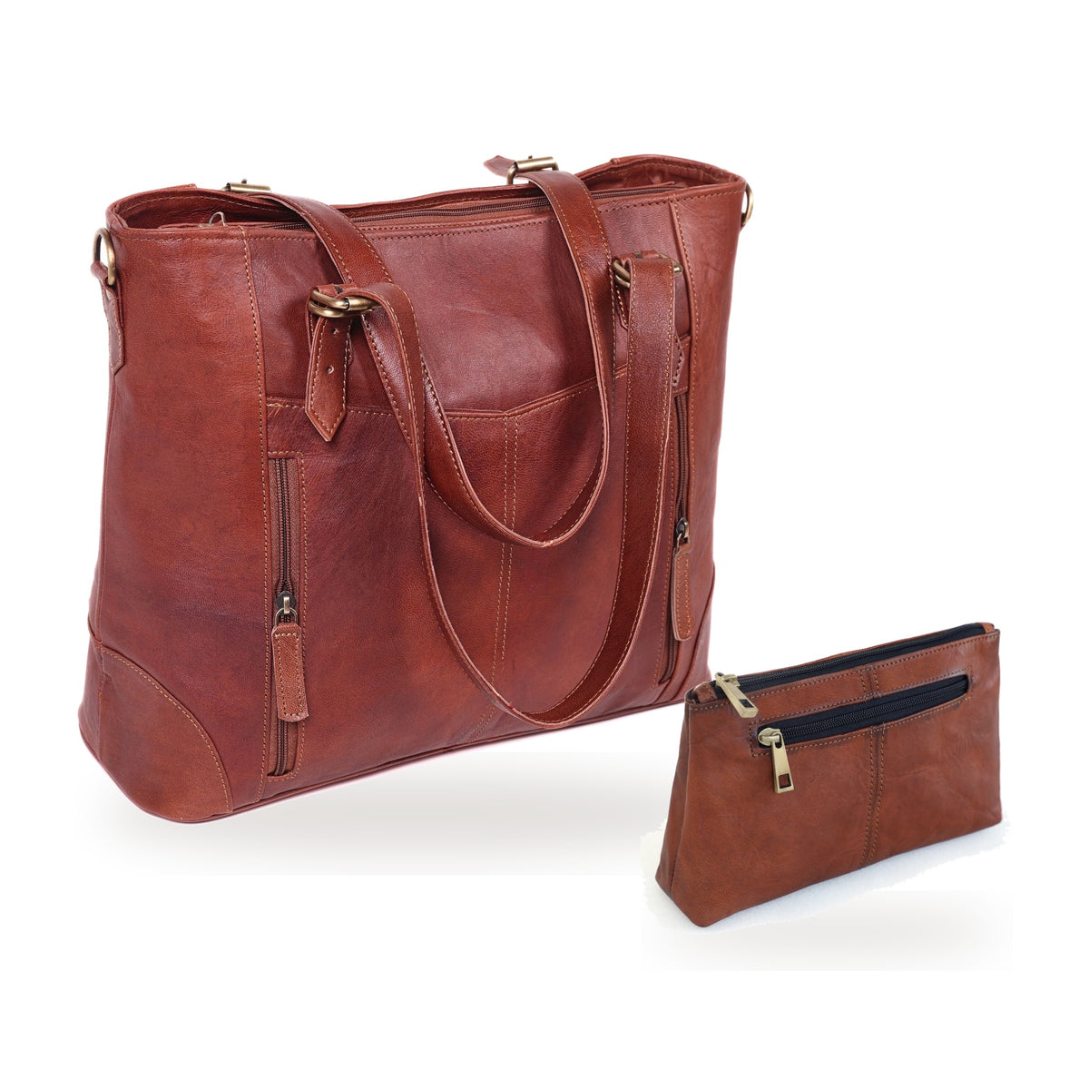 DEKVIO Her Everyday Set in Brown – full-grain leather 14" laptop tote with matching 9" leather wristlet pouch