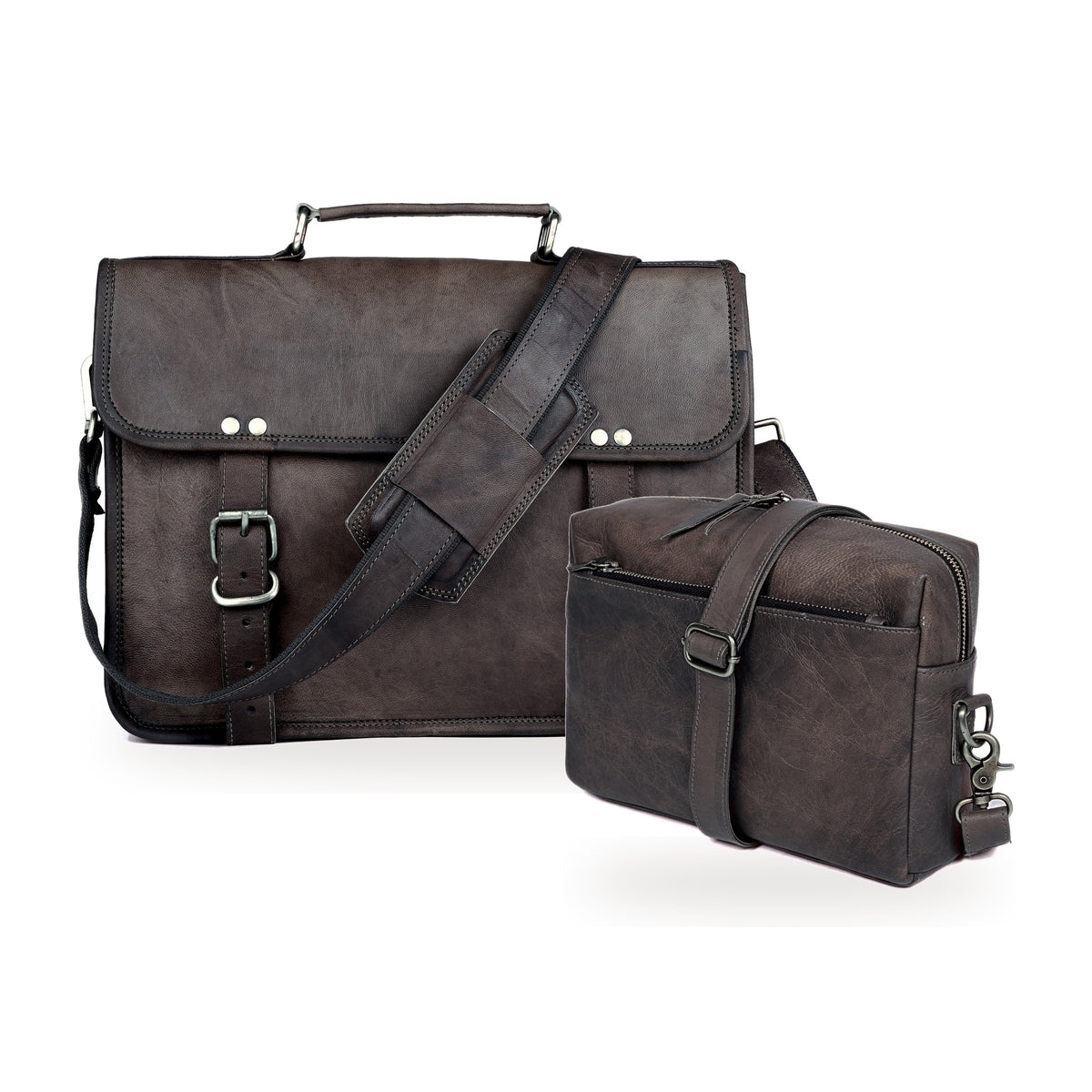 DEKVIO His & Hers Set – Black leather messenger bag with Black leather crossbody purse
