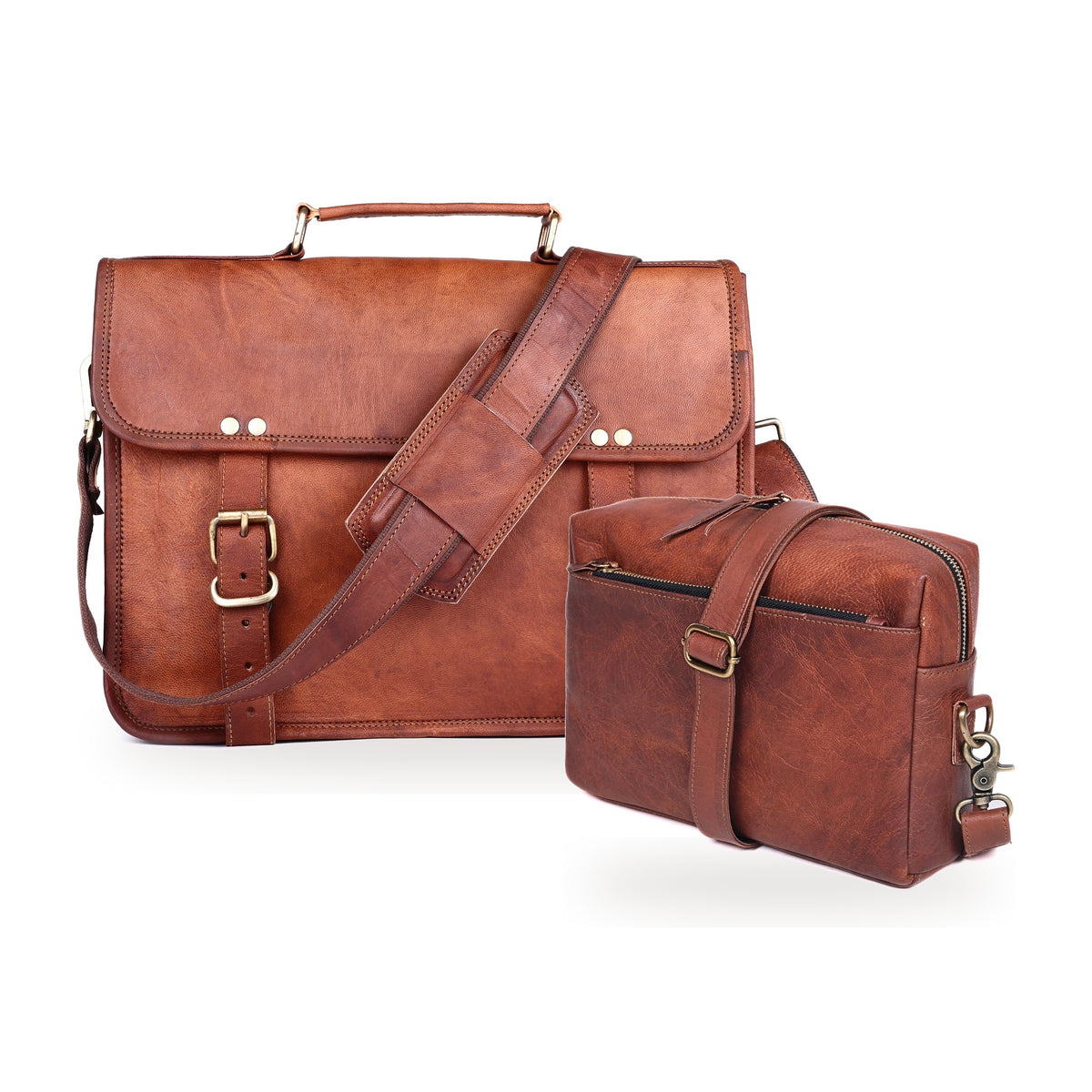 DEKVIO His & Hers Set – Brown full-grain leather 14" messenger bag with Brown 10" leather crossbody purse
