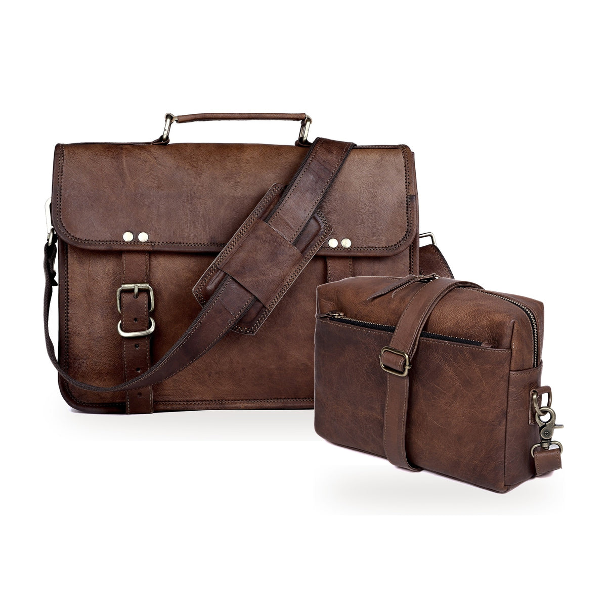 DEKVIO His & Hers Set – Coffee leather messenger bag with Coffee leather crossbody purse