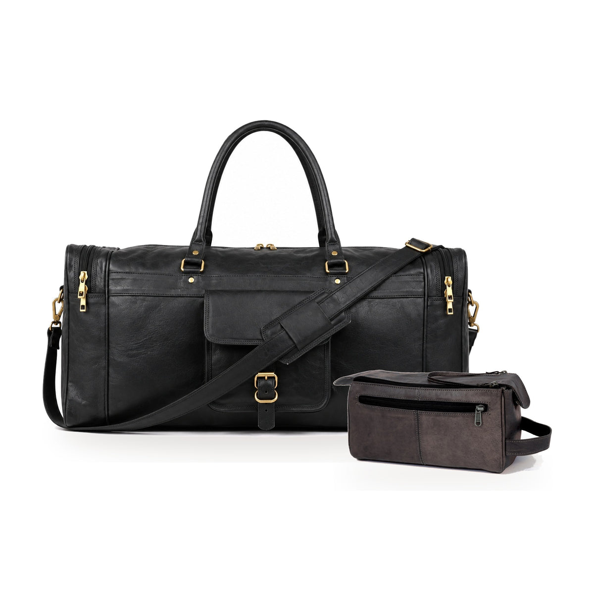 DEKVIO Weekender Set in Black – 24" leather duffle bag with matching leather dopp kit