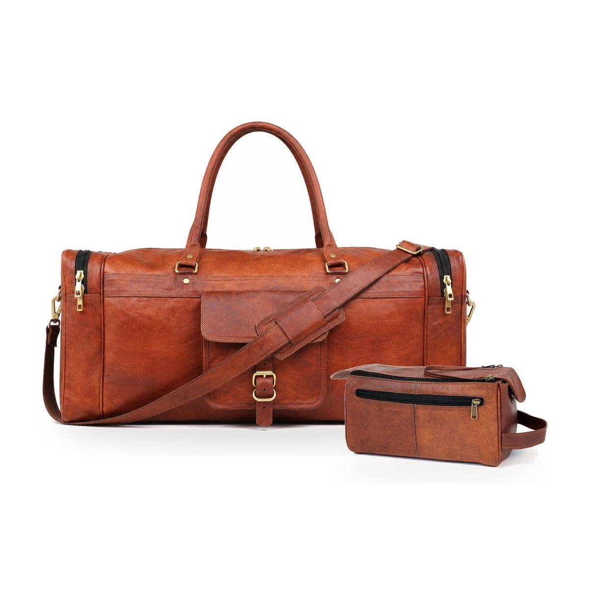 DEKVIO Weekender Set in Brown – 24" full-grain leather duffle bag with matching 10" leather dopp kit