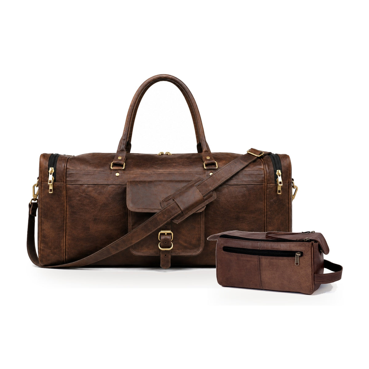 DEKVIO Weekender Set in Coffee – 24" leather duffle bag with matching leather dopp kit