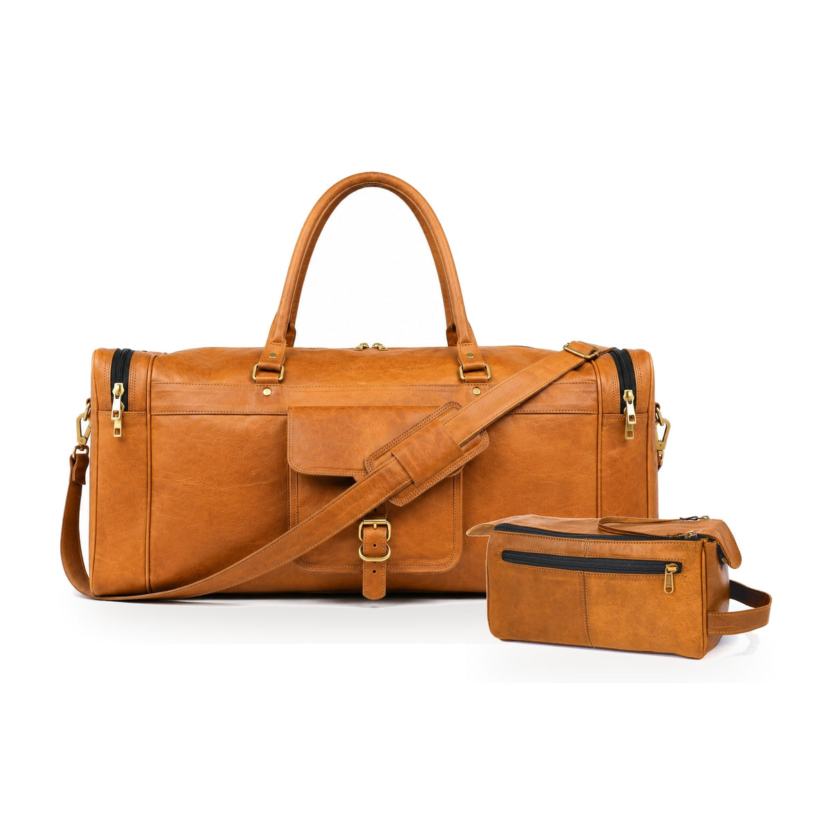 DEKVIO Weekender Set in Tan – 24" leather duffle bag with matching leather dopp kit