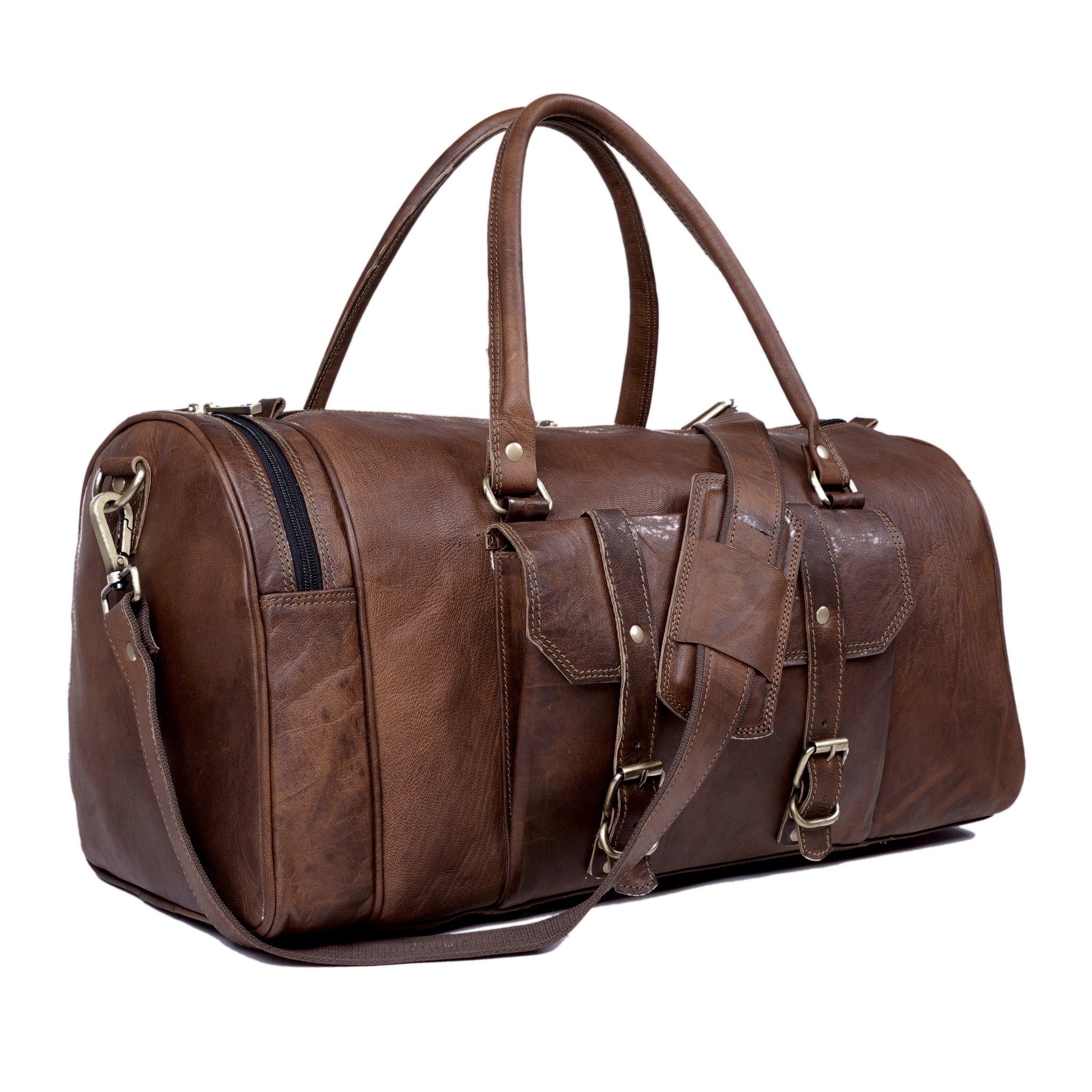 DEKVIO leather gym duffle with shoe compartment in Coffee dark brown