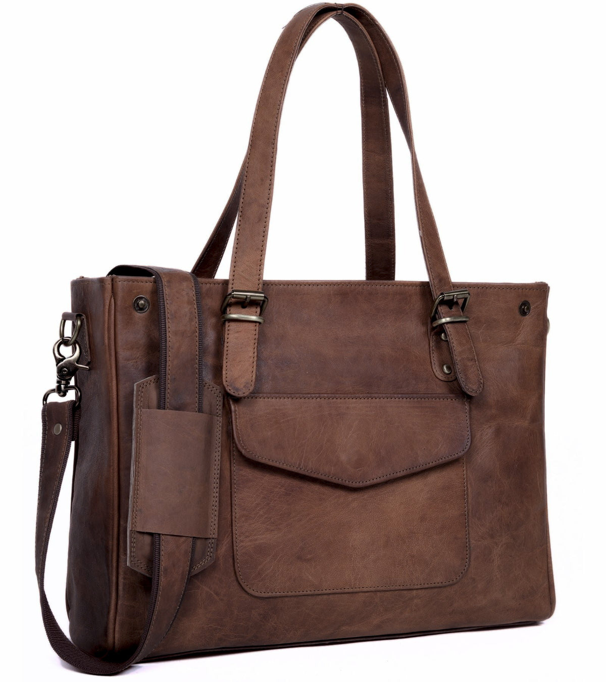 DEKVIO 15.6 inch leather laptop tote with crossbody strap in Coffee dark brown