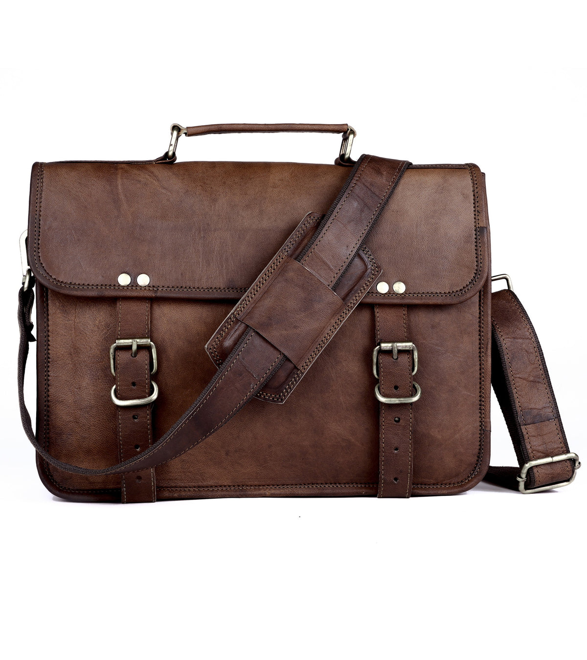 DEKVIO 14 inch leather messenger laptop bag in Coffee dark brown