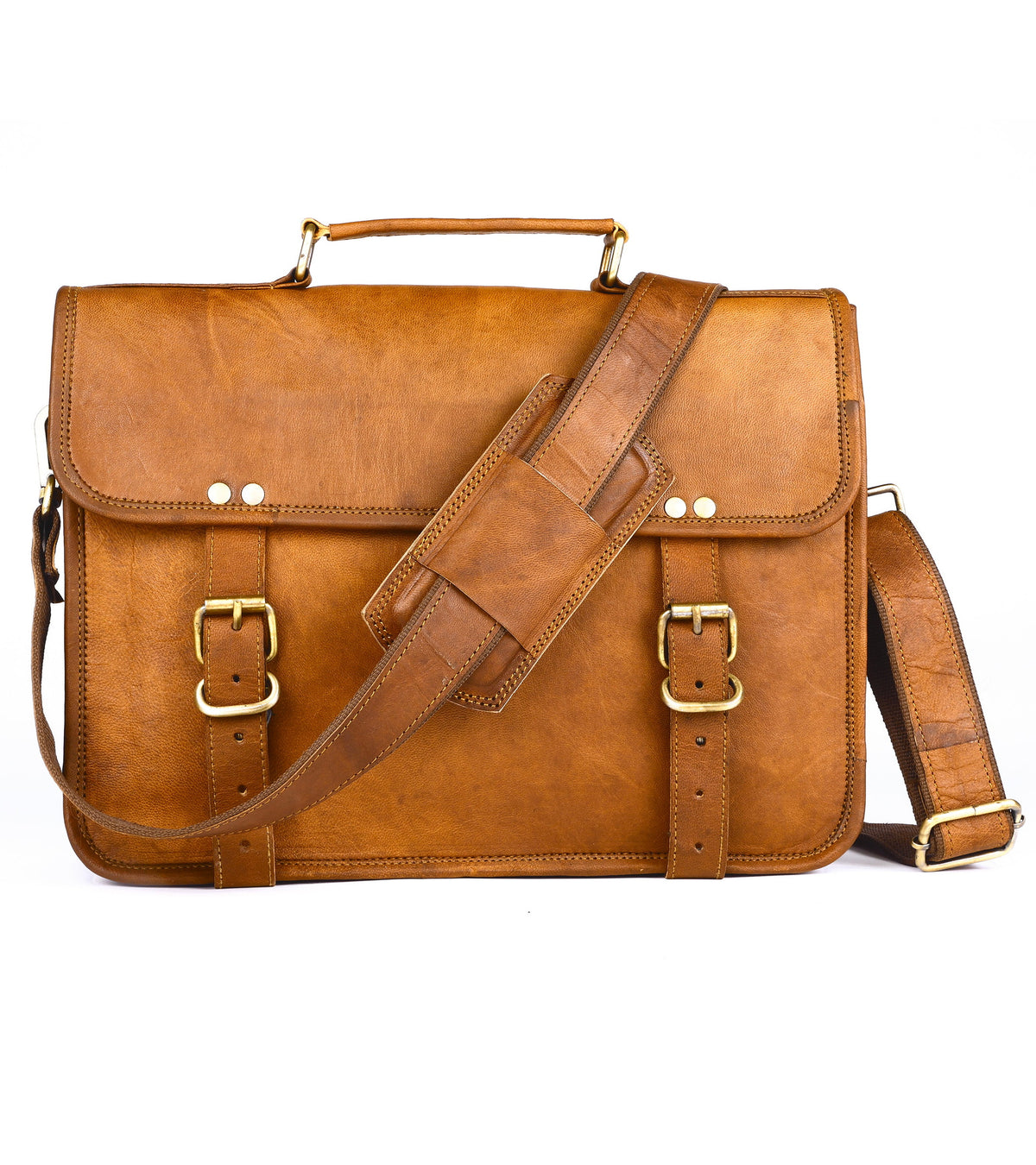 DEKVIO 14 inch leather messenger laptop bag in Tan