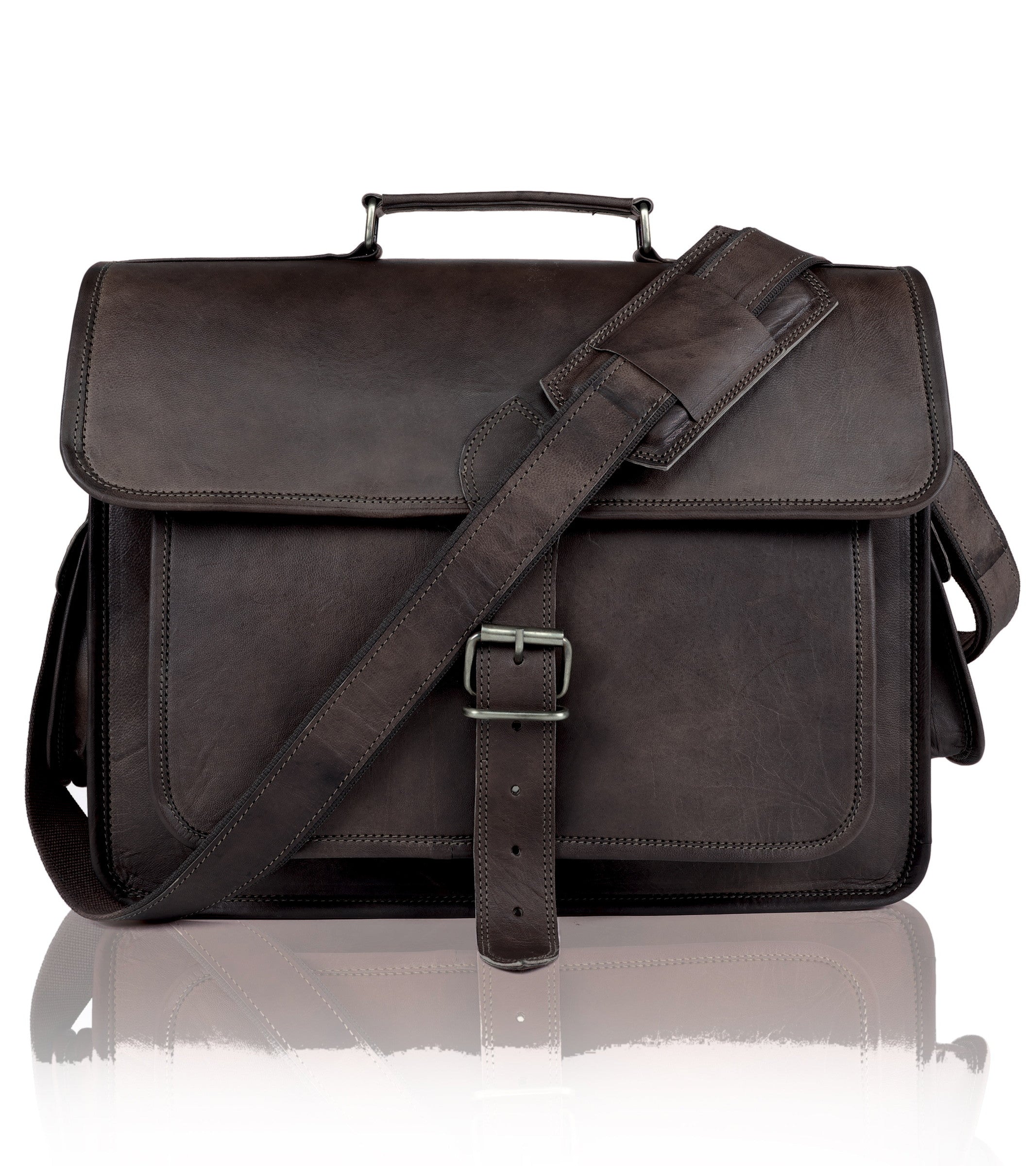 DEKVIO 15.6 inch leather messenger briefcase in Black