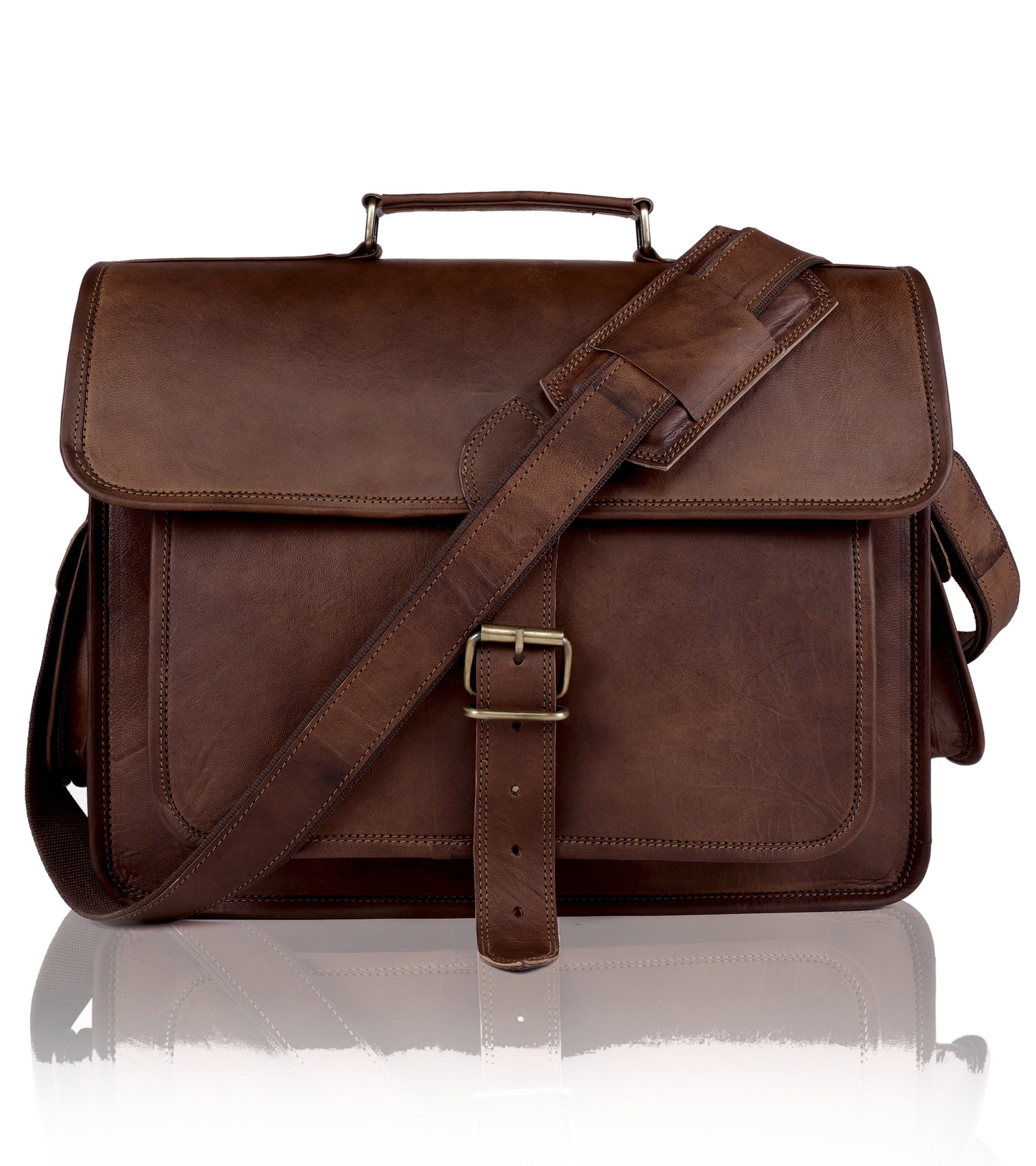 DEKVIO 15.6 inch leather messenger briefcase in Coffee dark brown