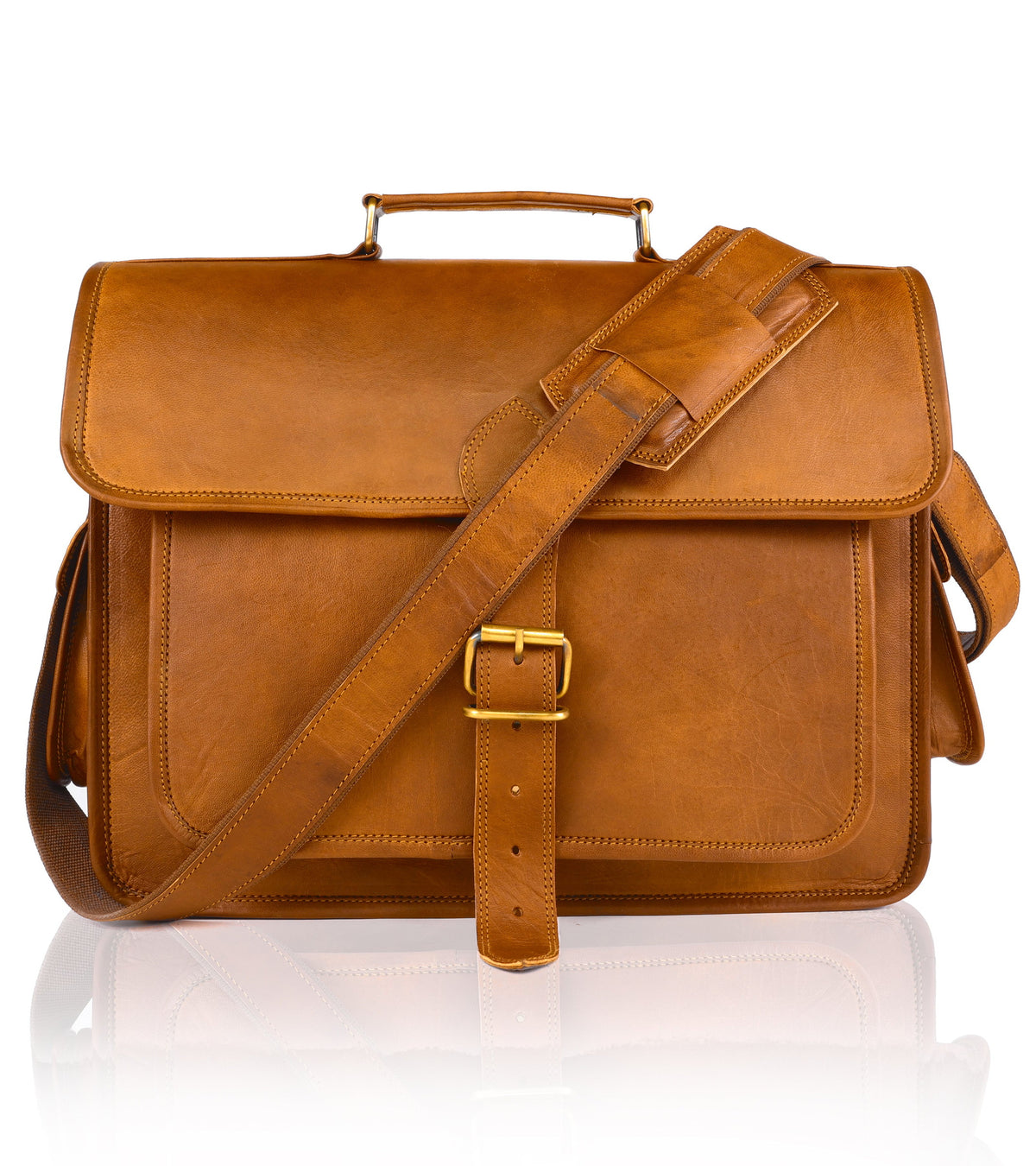 DEKVIO 15.6 inch leather messenger briefcase in Tan