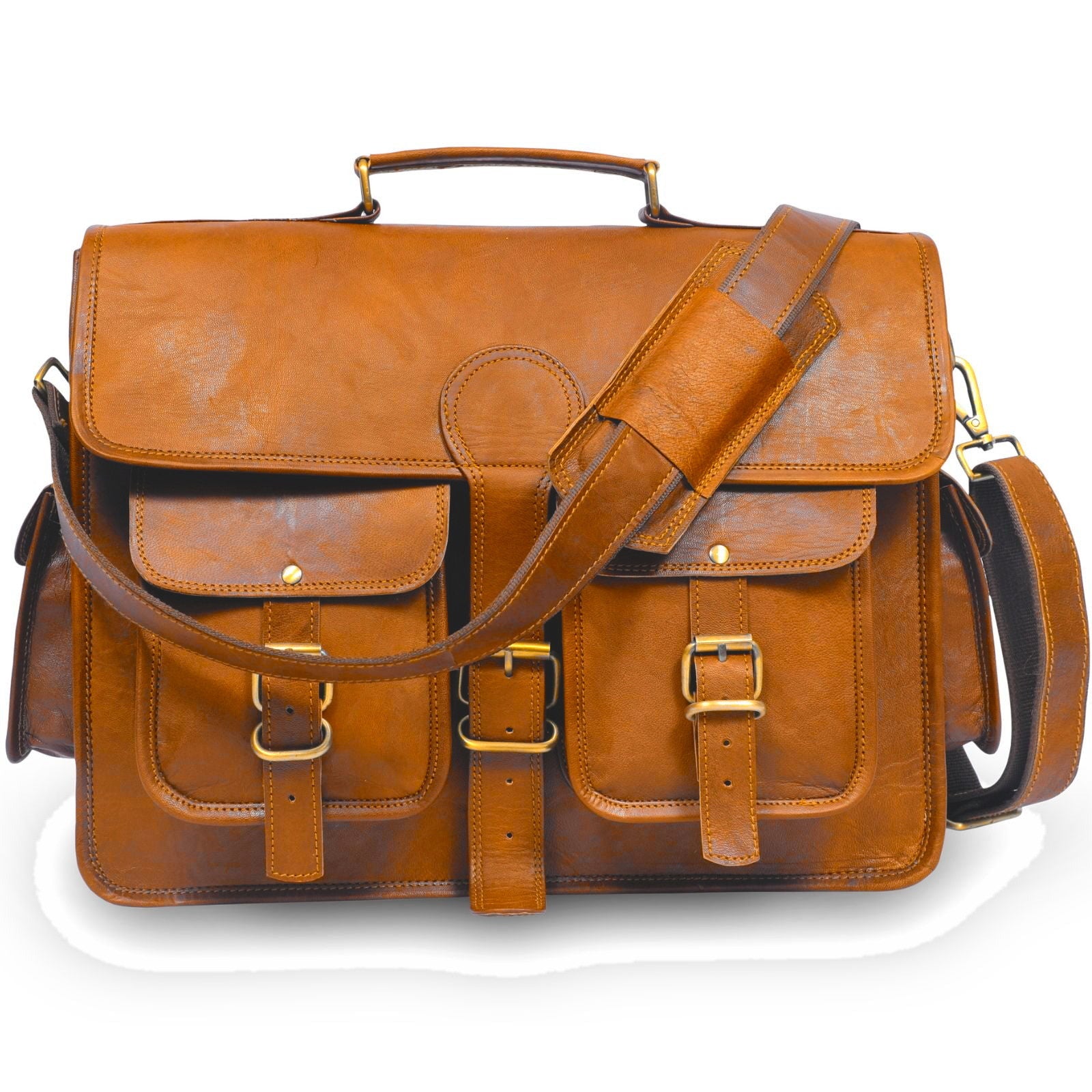 DEKVIO 17 inch XL leather messenger briefcase in Tan