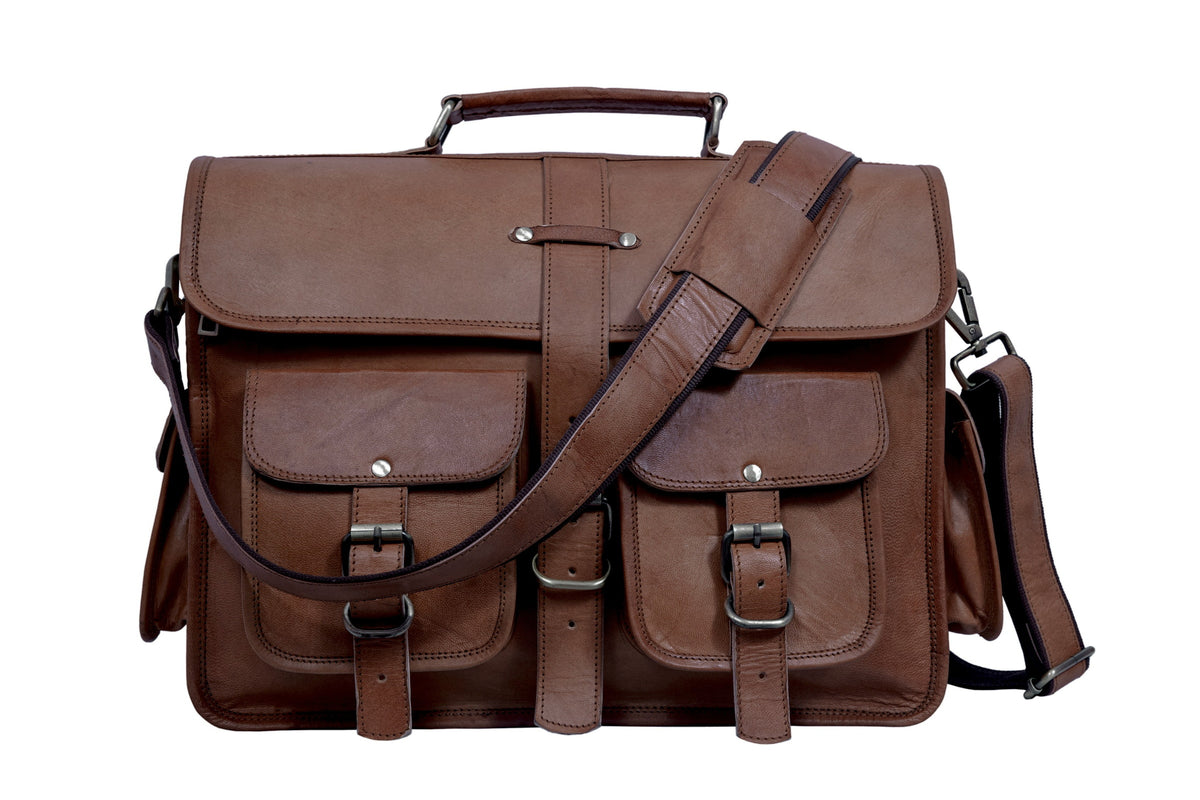 DEKVIO leather messenger satchel briefcase in Coffee dark brown