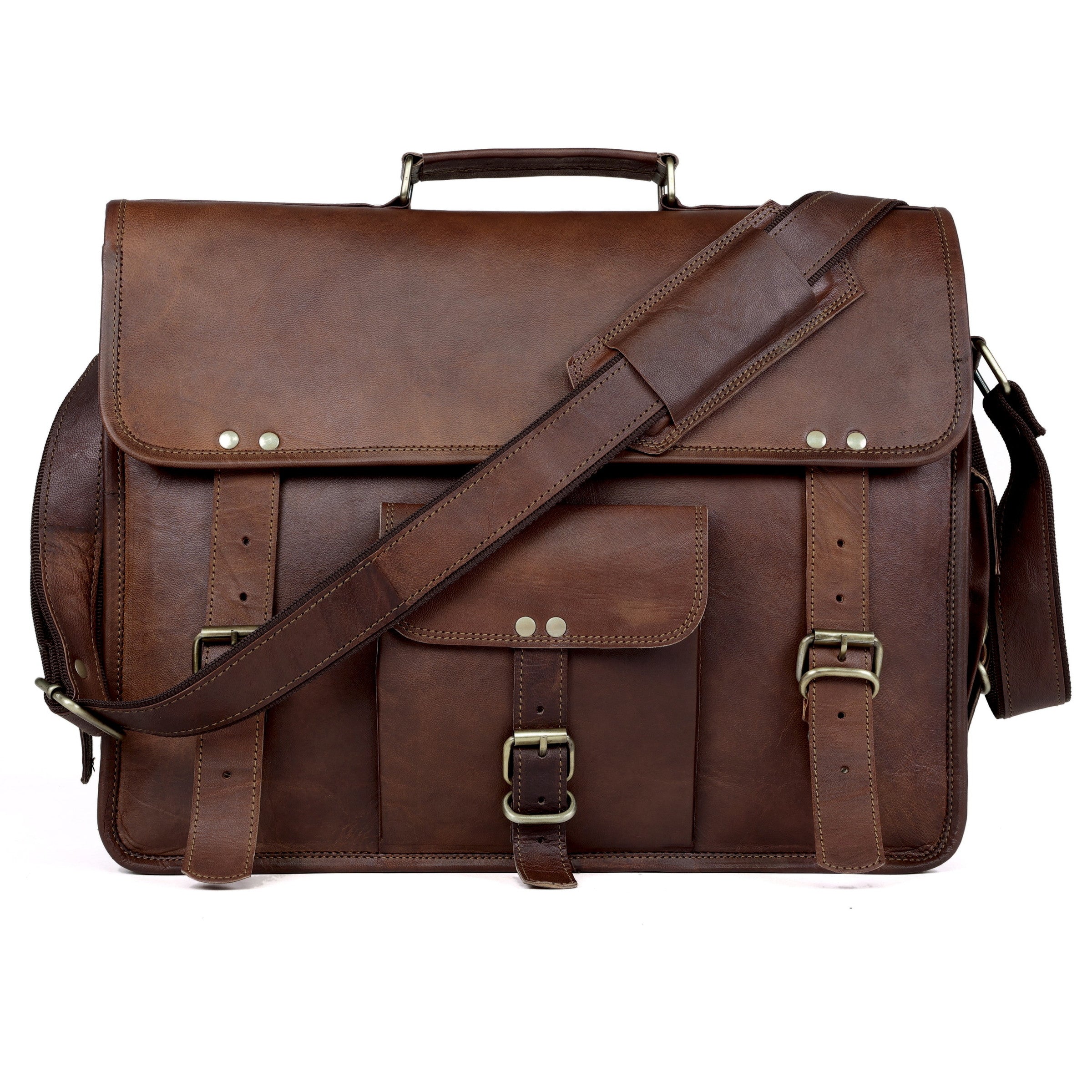 DEKVIO vintage leather messenger crossbody bag in Coffee dark brown