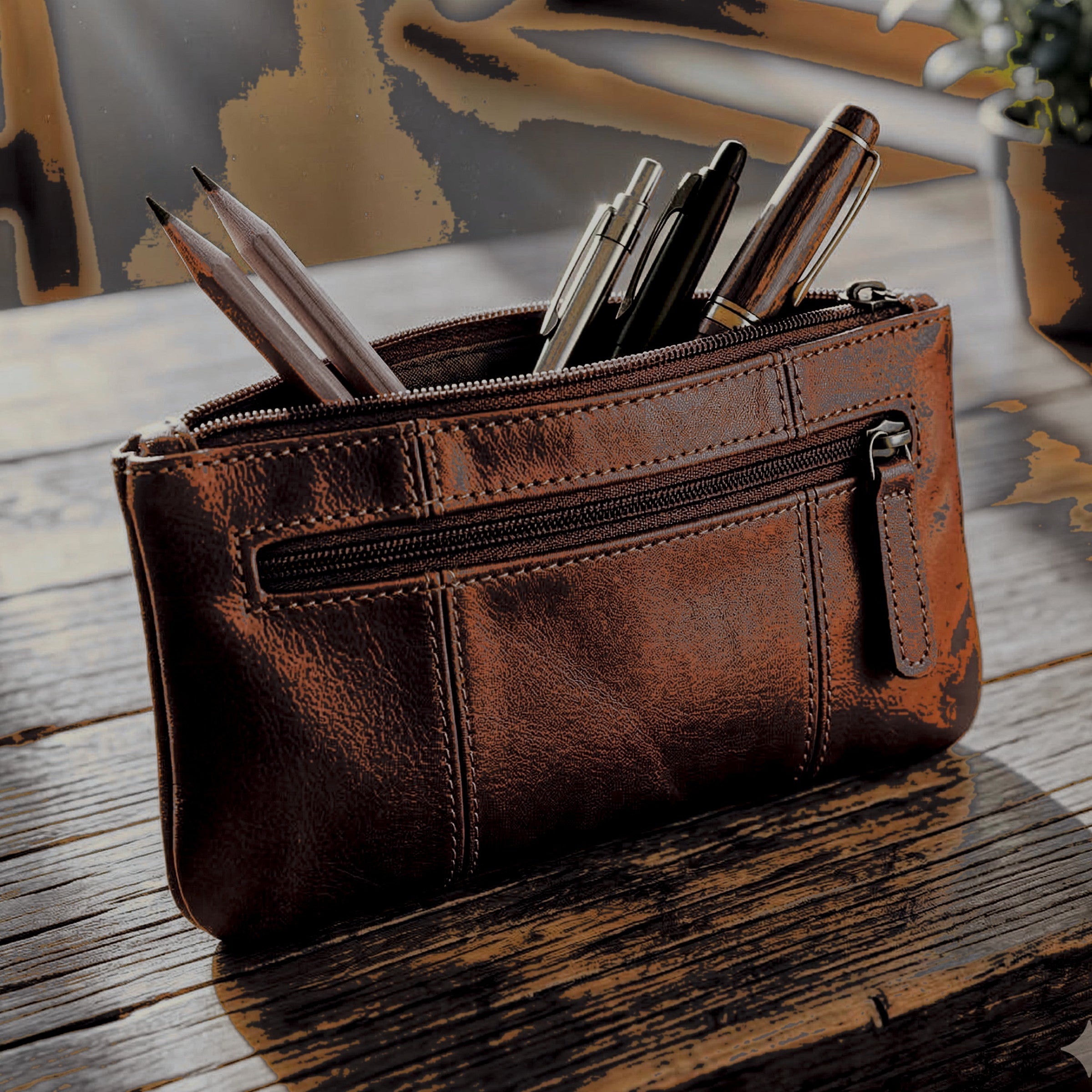 DEKVIO leather pencil case zipper pouch in Black