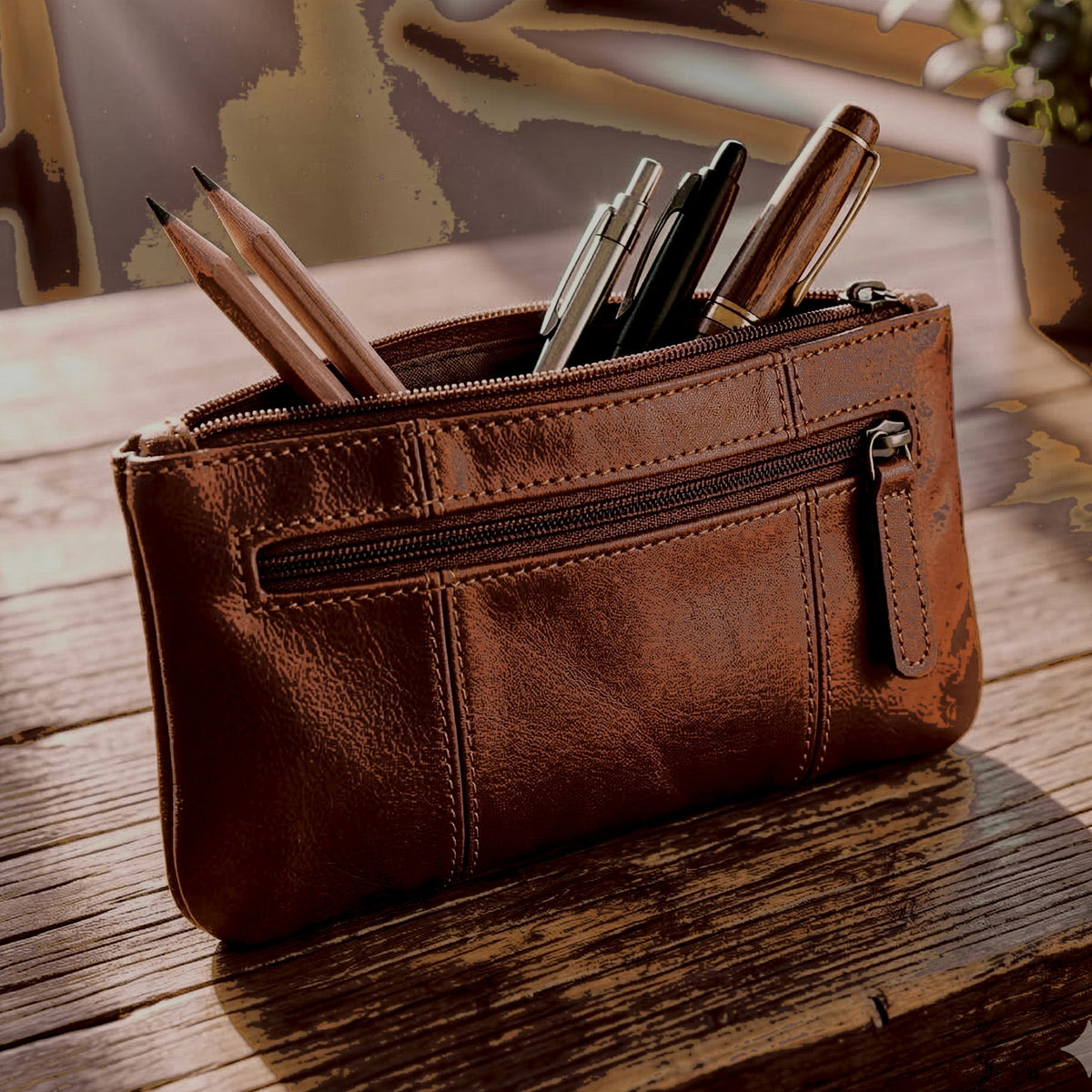 DEKVIO leather pencil case zipper pouch in Coffee dark brown