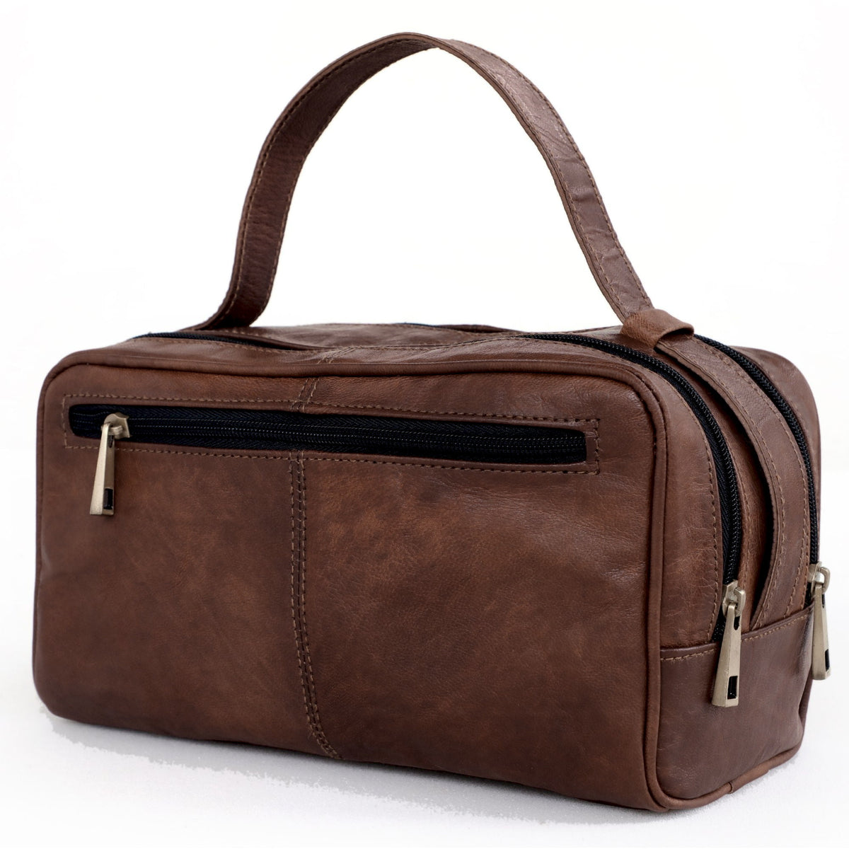 DEKVIO leather dopp kit with top zip opening in Coffee dark brown