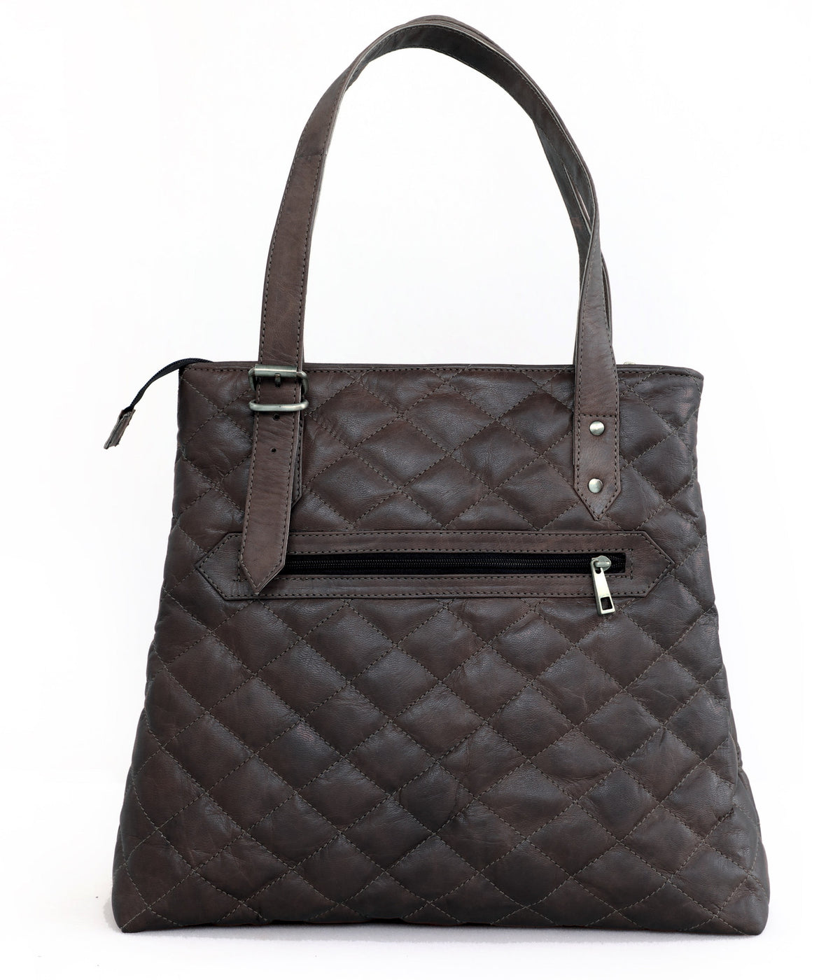 DEKVIO quilted leather tote bag for women in Black, front view