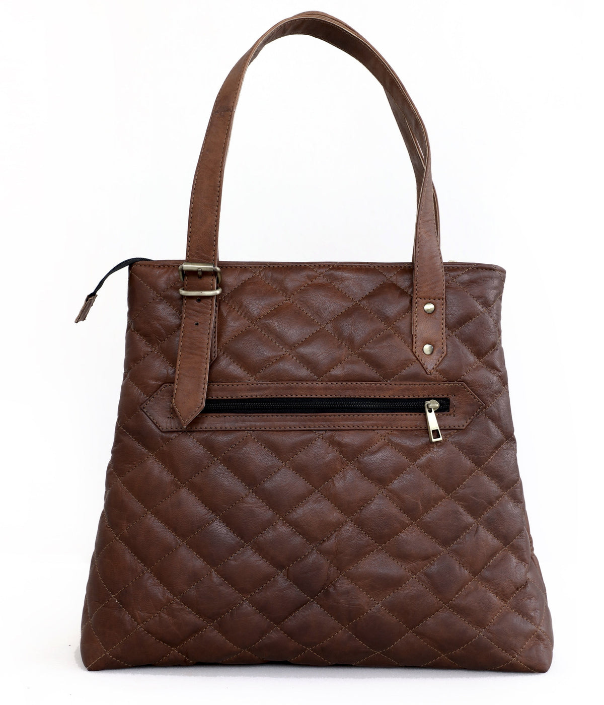 DEKVIO quilted leather tote bag for women in Coffee dark brown, front view