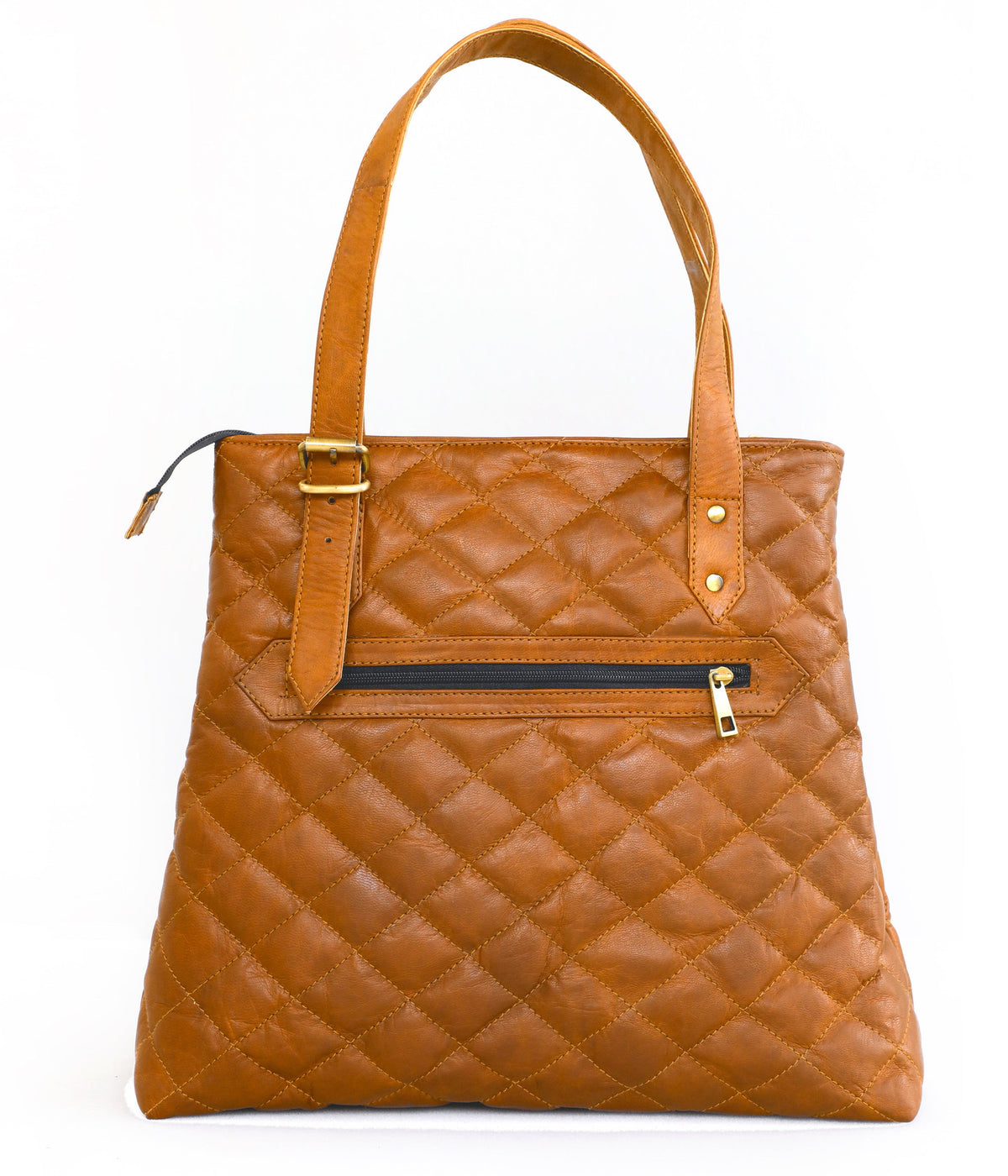 DEKVIO quilted leather tote bag for women in Tan, front view