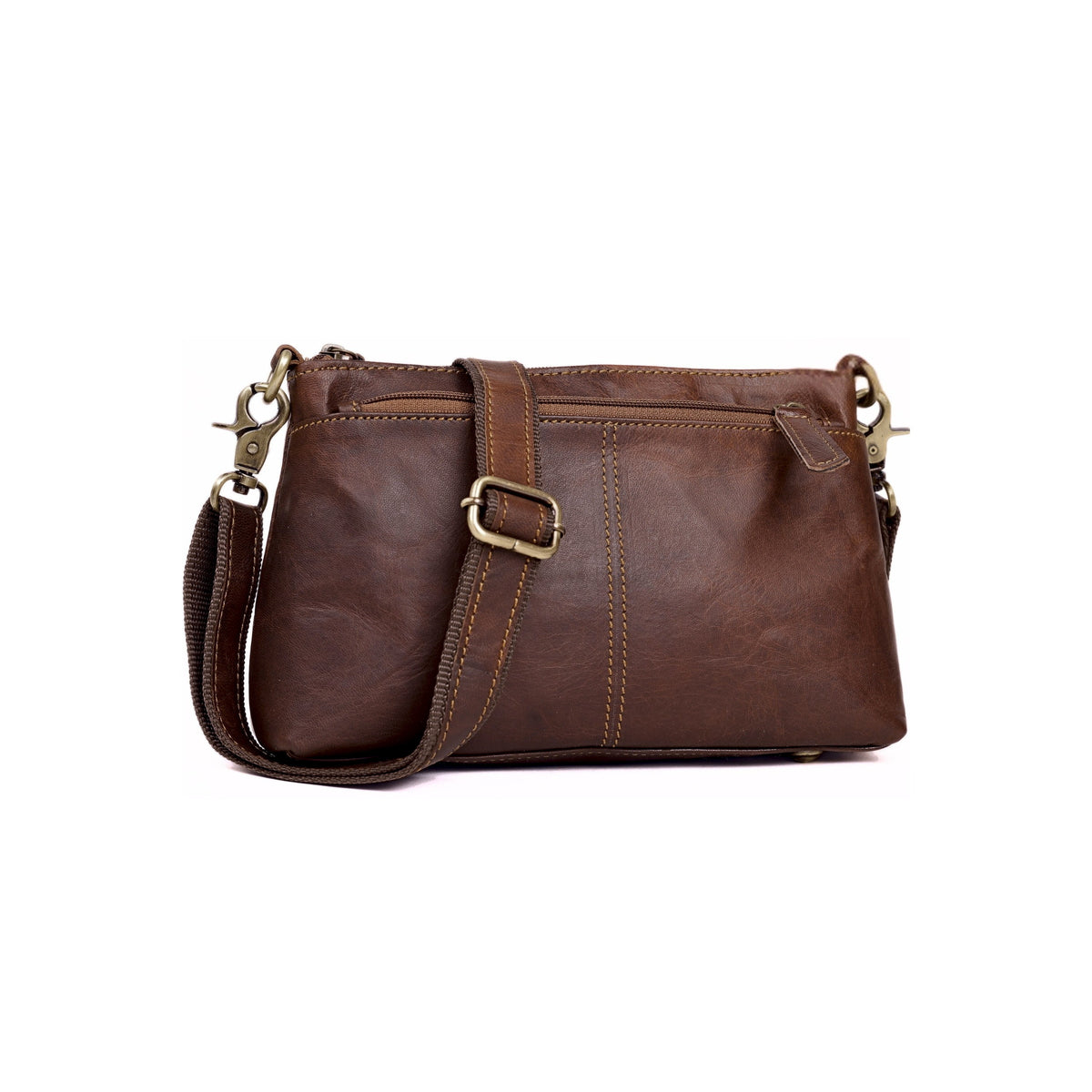 DEKVIO small 3-zip leather crossbody purse in Coffee dark brown