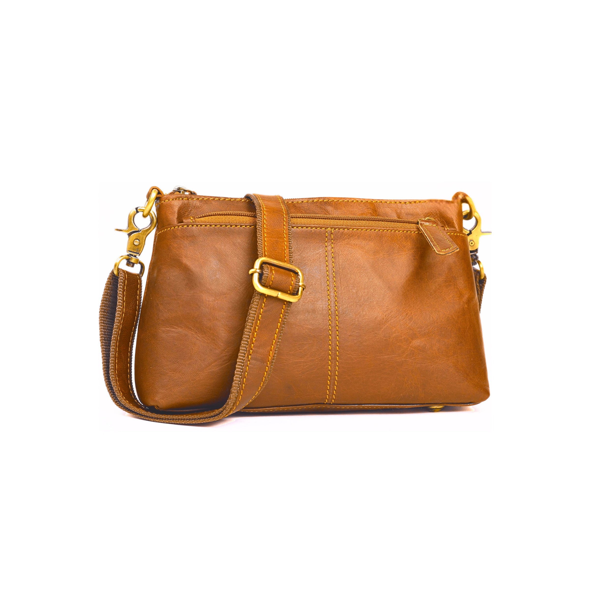 DEKVIO small 3-zip leather crossbody purse in Tan